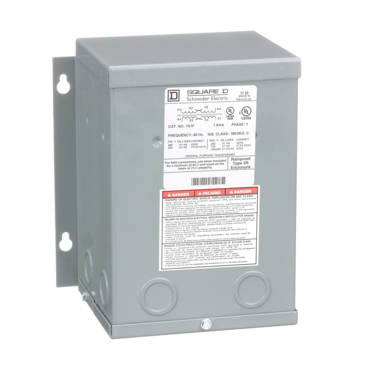 Square D™ 1S1F Distribution Dry Sealed Encapsulated Resin Sealed Transformer, 240 x 480 V AC Primary, 120/240 VAC Secondary, 1 kVA Power Rating, 60 Hz, 1 Phase