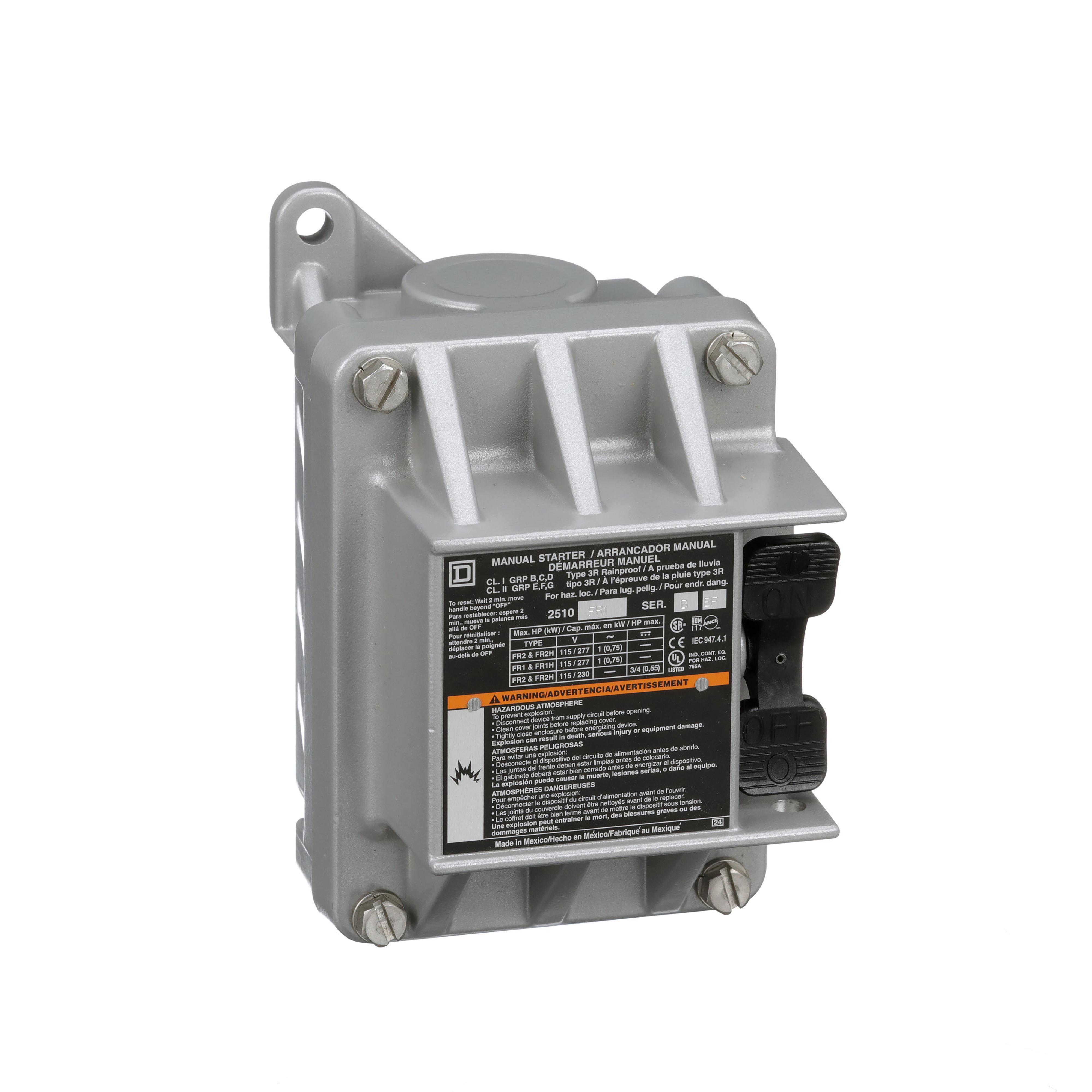 Square D™ 2510FR1 Type F Fractional Horsepower Non-Reversing Standard Single Unit Manual Starter, 1 Pole, NEMA 3R/7/9 Enclosure