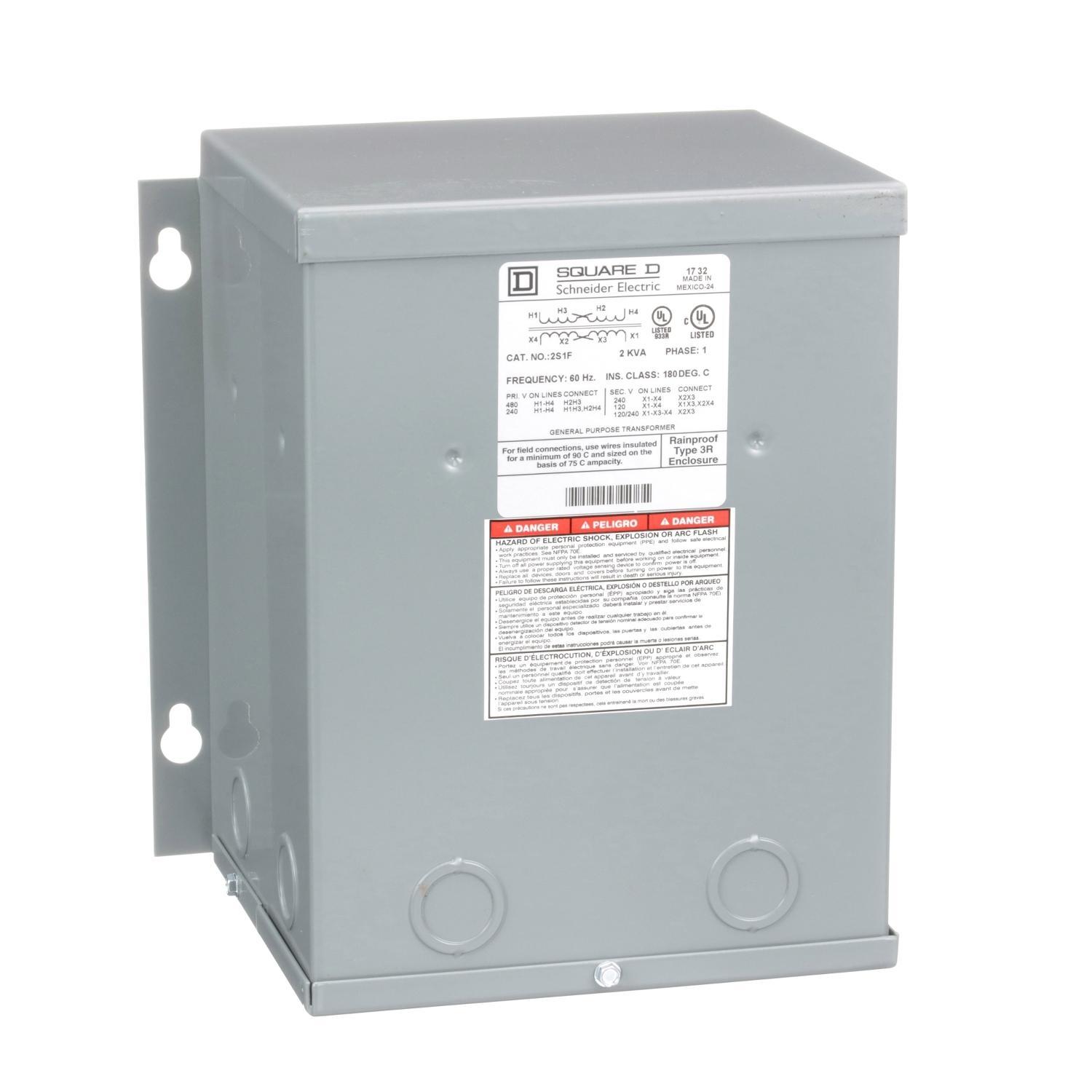 Square D™ 2S1F Distribution Dry Sealed Encapsulated Resin Sealed Transformer, 240 x 480 V AC Primary, 120/240 VAC Secondary, 2 kVA Power Rating, 60 Hz, 1 Phase