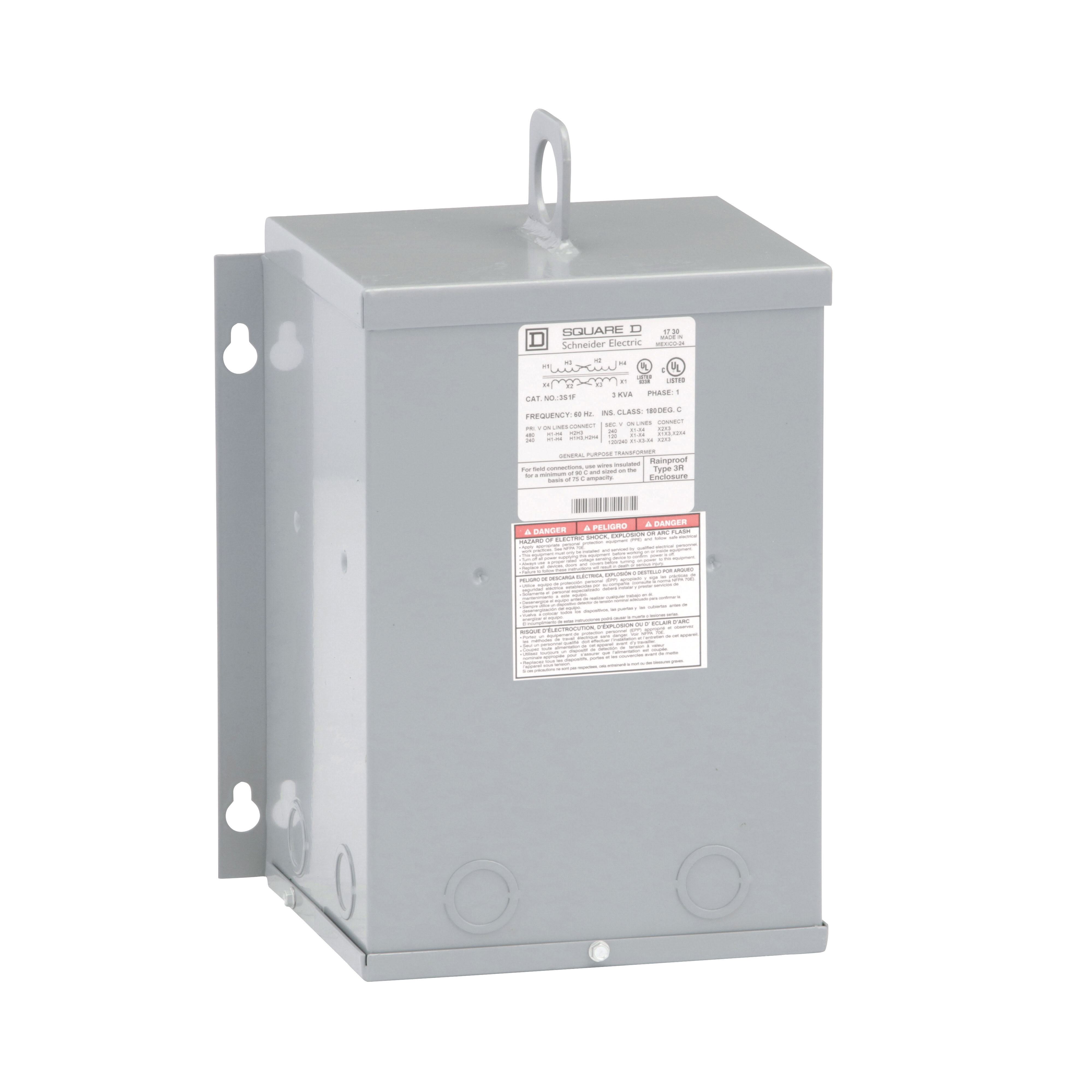 Square D™ 3S1F Distribution Dry Sealed Encapsulated Transformer, 240 x 480 V AC Primary, 120/240 VAC Secondary, 3 kVA Power Rating, 60 Hz, 1 Phase