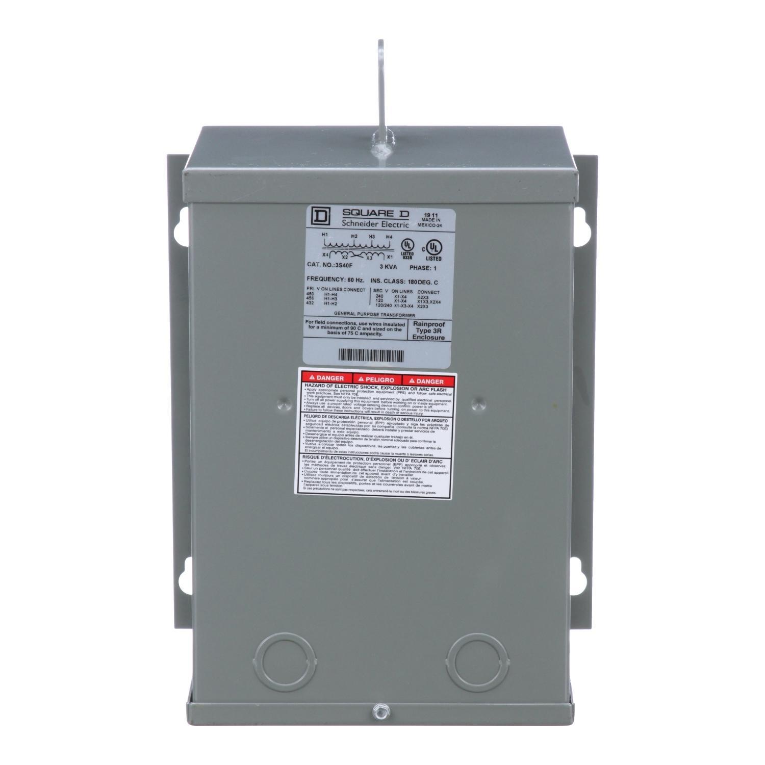 Square D™ 3S40F Dry Sealed Low Voltage Transformer, 480 V AC Primary, 120/240 VAC Secondary, 3 kVA Power Rating, 60 Hz, 1 Phase