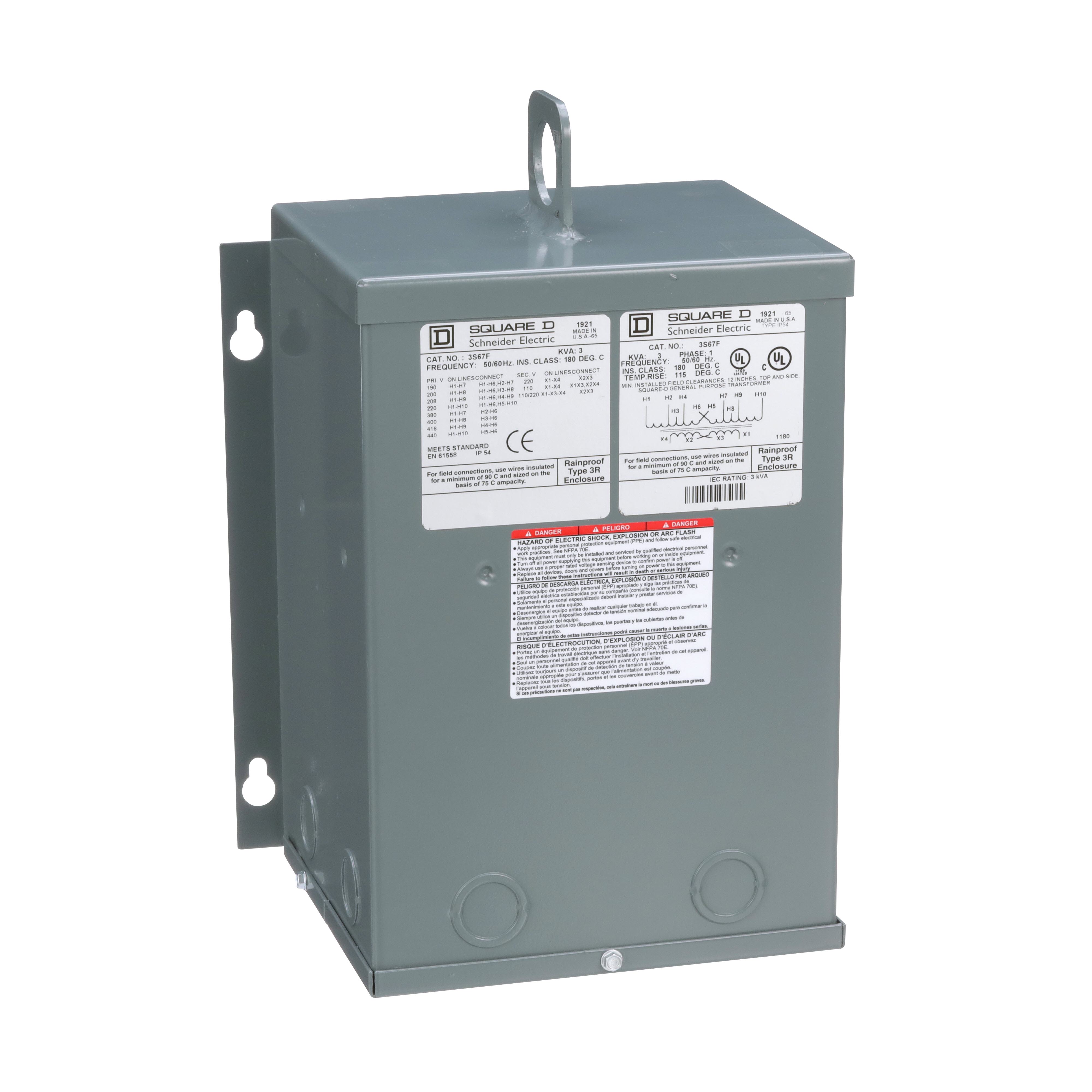 Square D™ 3S67F Dry Sealed Energy Efficient Multi-Tap Transformer, 190/200/208/220/380/400/416/440 V AC Primary, 110/220 VAC Secondary, 3 kVA Power Rating, 50/60 Hz, 1 Phase