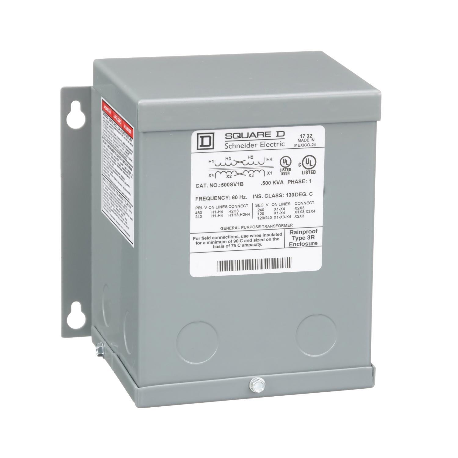 Square D™ 500SV1B XFMR Distribution Dry Sealed Encapsulated Resin Sealed Transformer, 240 x 480 V AC Primary, 120/240 VAC Secondary, 0.5 kVA Power Rating, 60 Hz, 1 Phase