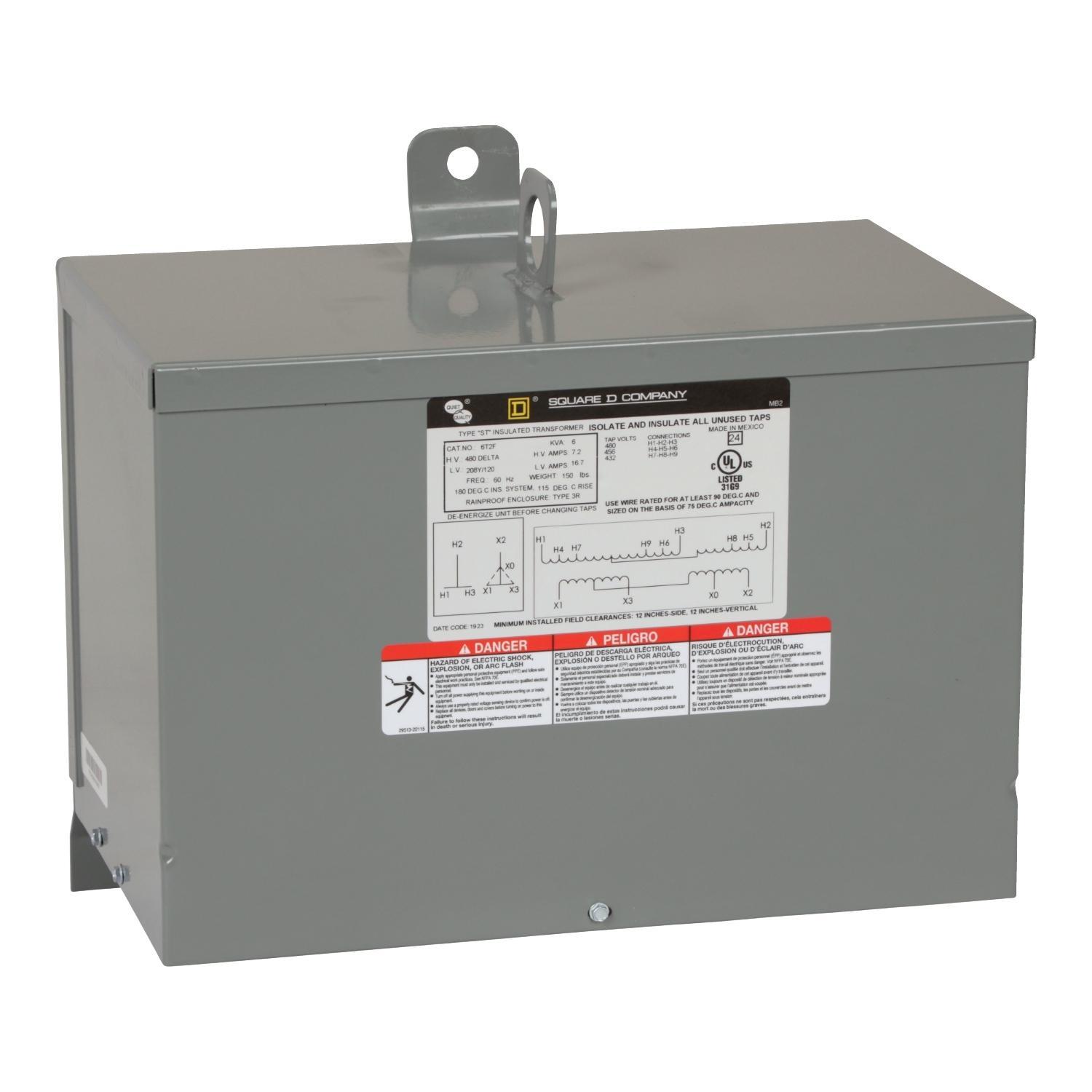 Square D™ 6T2F Dry Sealed Low Voltage Transformer, 480 Delta V AC Primary, 208Y/120 VAC Secondary, 6 kVA Power Rating, 60 Hz, 3 Phase