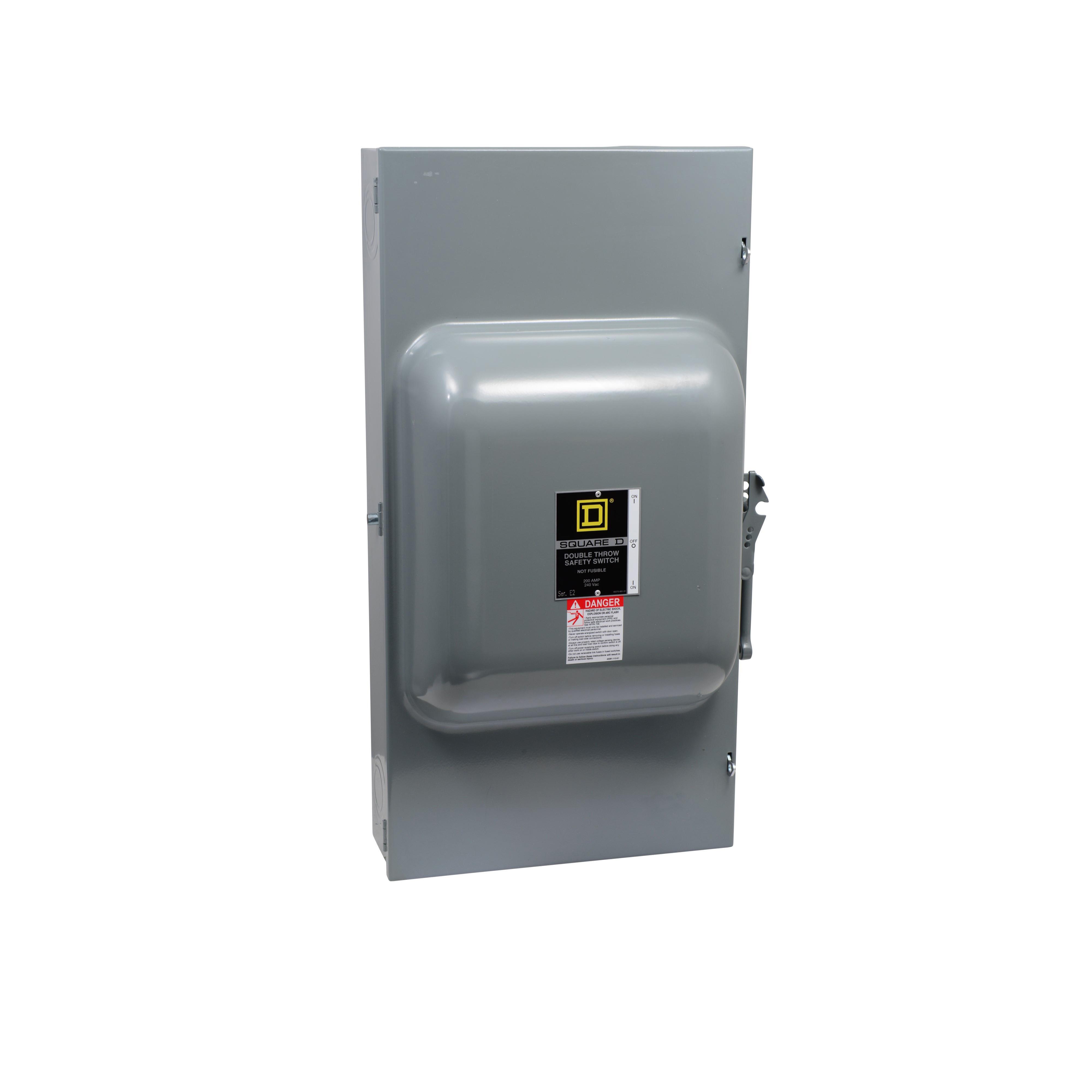 Square D™ 82254N E1 Non-Fusible Safety Switch With Neutral, 240 V AC/250 V DC, 200 A, 15 hp, 2 Form C DPDT Contact, 2 Poles