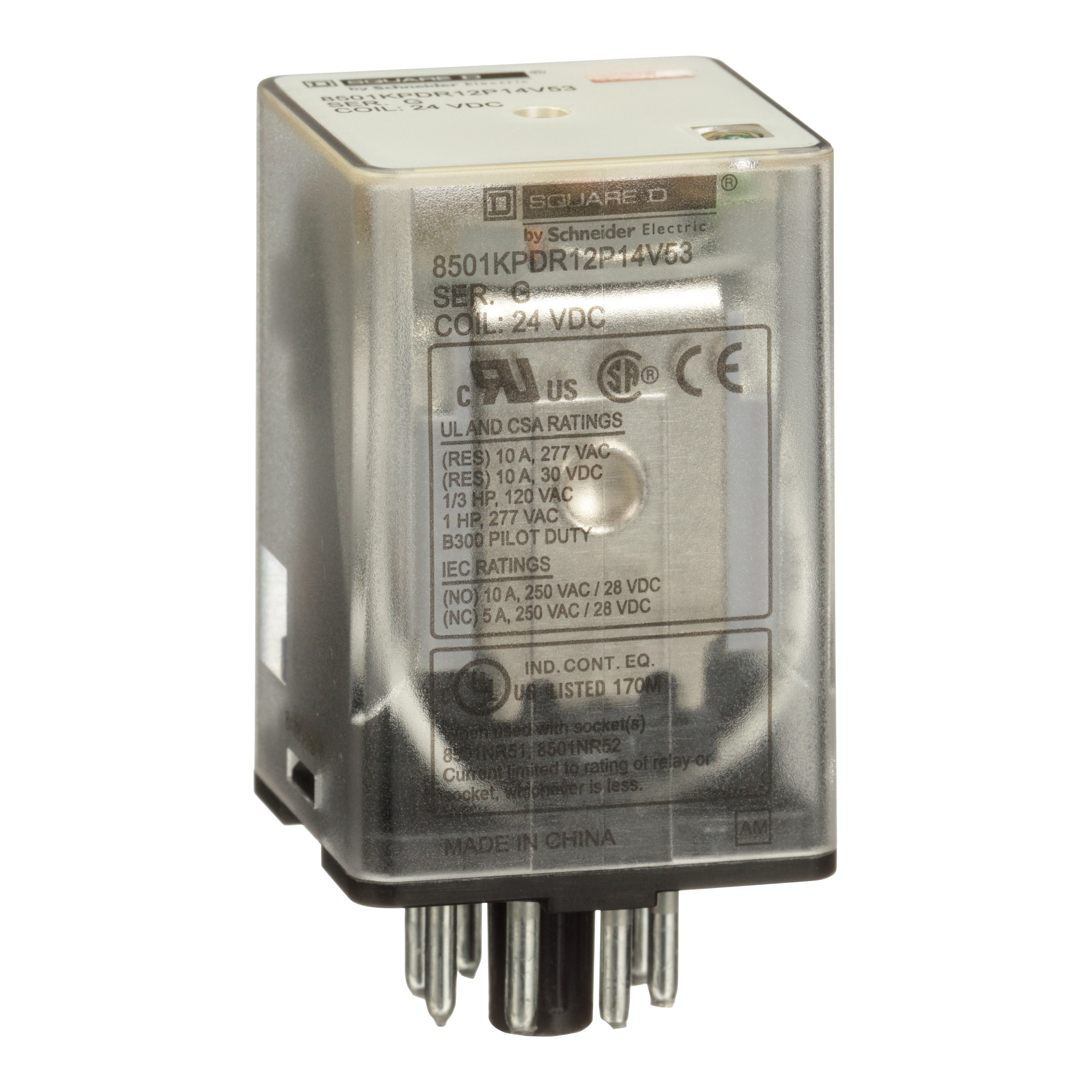 Square D™ 8501KPDR12P14V53 8501K Series Relay, 10 A, 8 pin, 2 Form C DPDT contact