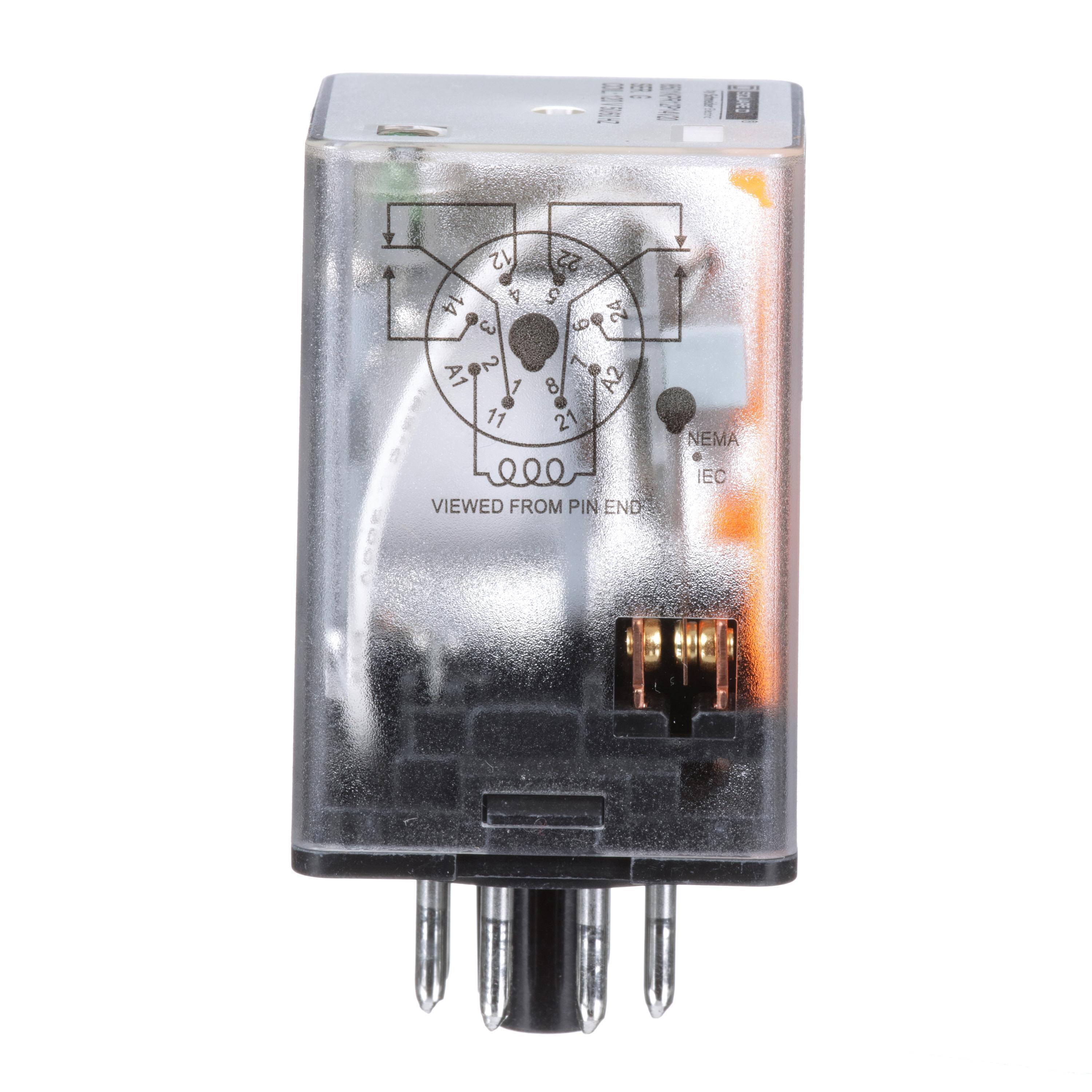 Square D™ 8501KPR12P14V20 Type KP Plug-In Relay With LED, Standard Cover, 10 A, 8 Pin, 2CO 2 Form C DPDT Contact, 300 V AC, 30 V DC V Coil
