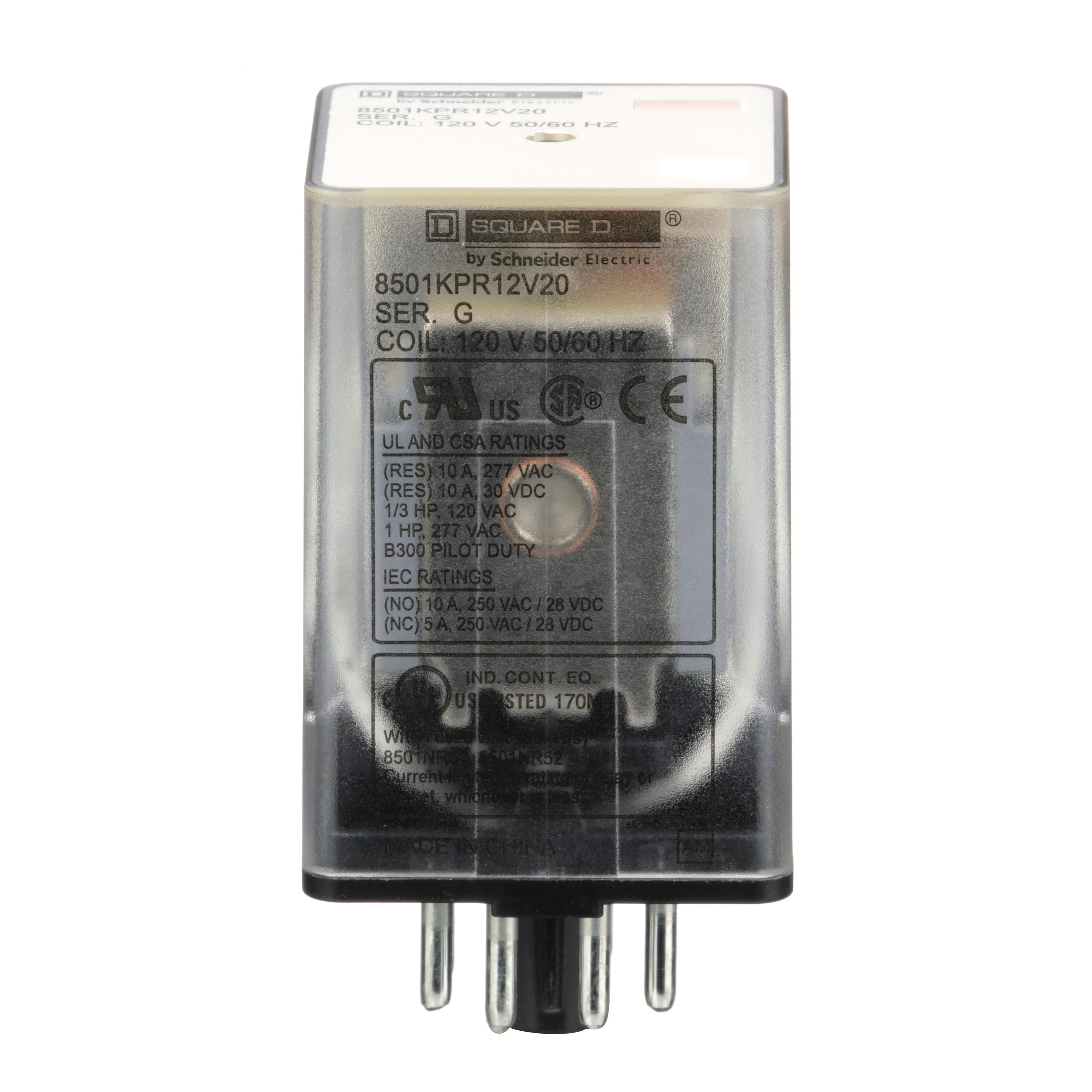 Square D™ 8501KPR12V20 Type KP Plug-In Relay With Standard Cover, 10 A, 8 Pin, 2CO 2 Form C DPDT Contact, 300 V AC, 30 V DC V Coil