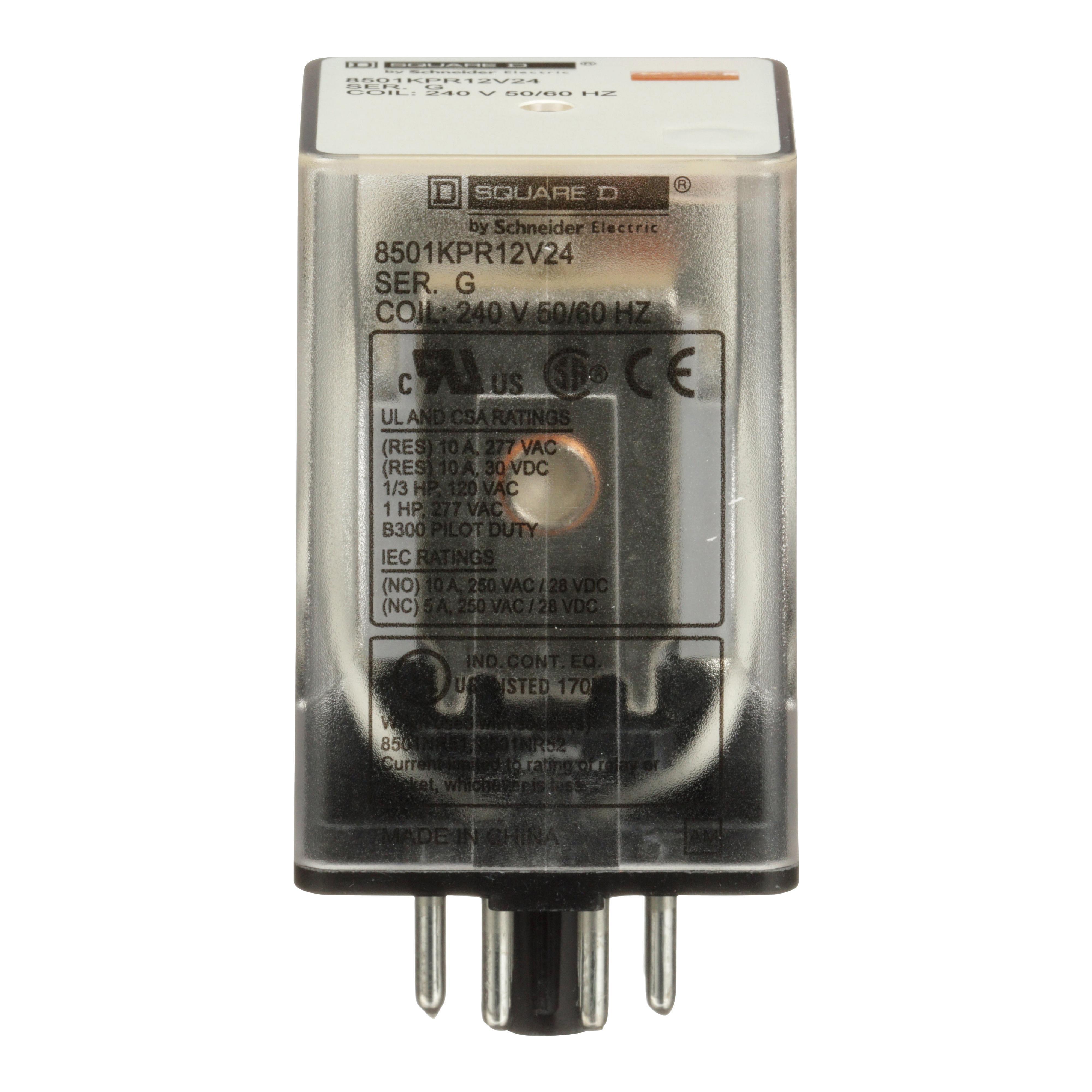 Square D™ 8501KPR12V24 Type KP Plug-In Relay With Standard Cover, 10 A, 8 Pin, 2CO 2 Form C DPDT Contact, 300 V AC, 30 V DC V Coil
