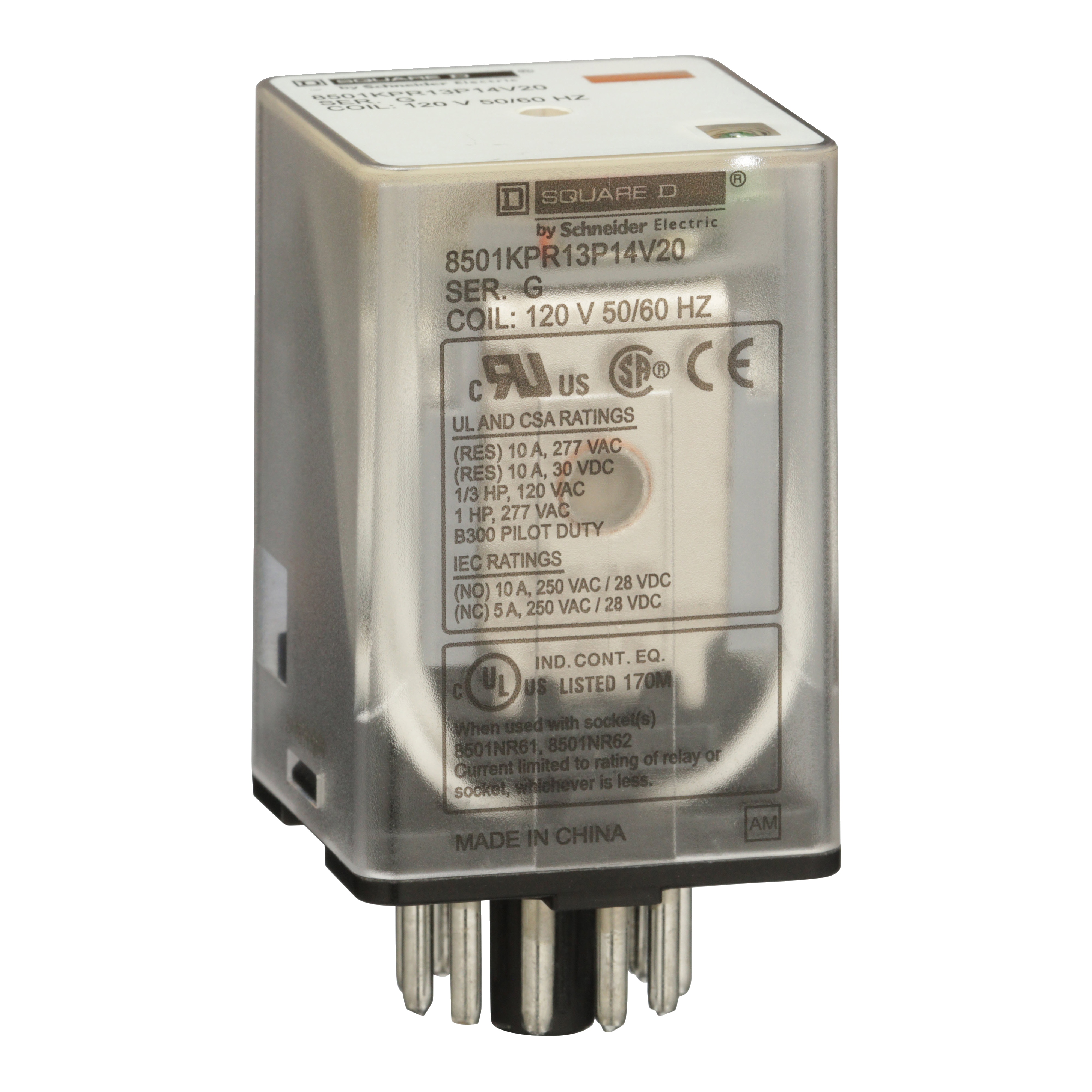 Square D™ 8501KPR13P14V20 8501K Series Relay, 10 A, 11 pin, 3 Form C 3PDT contact