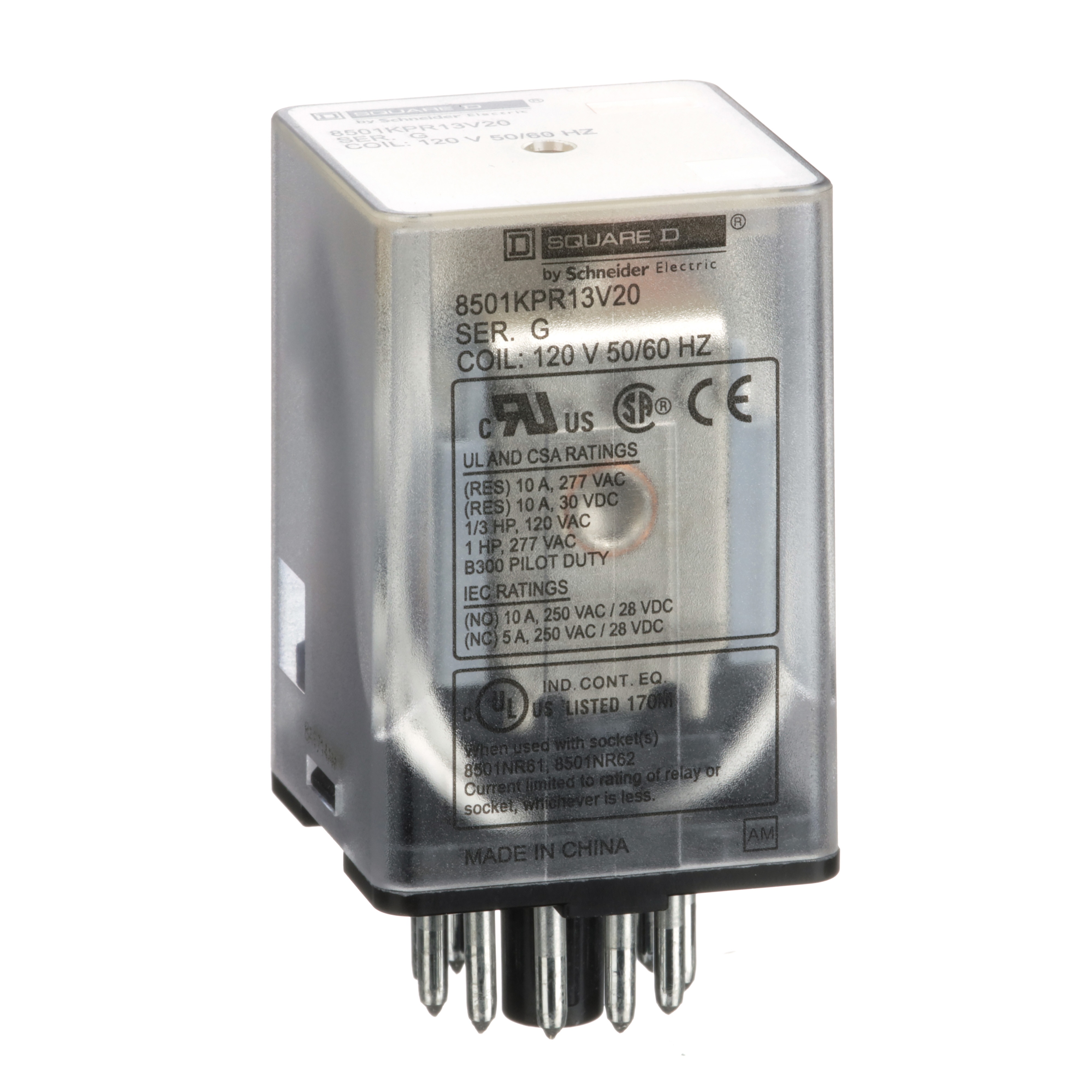 Square D™ 8501KPR13V20 8501K Series Relay, 10 A, 11 pin, 3 Form C 3PDT contact