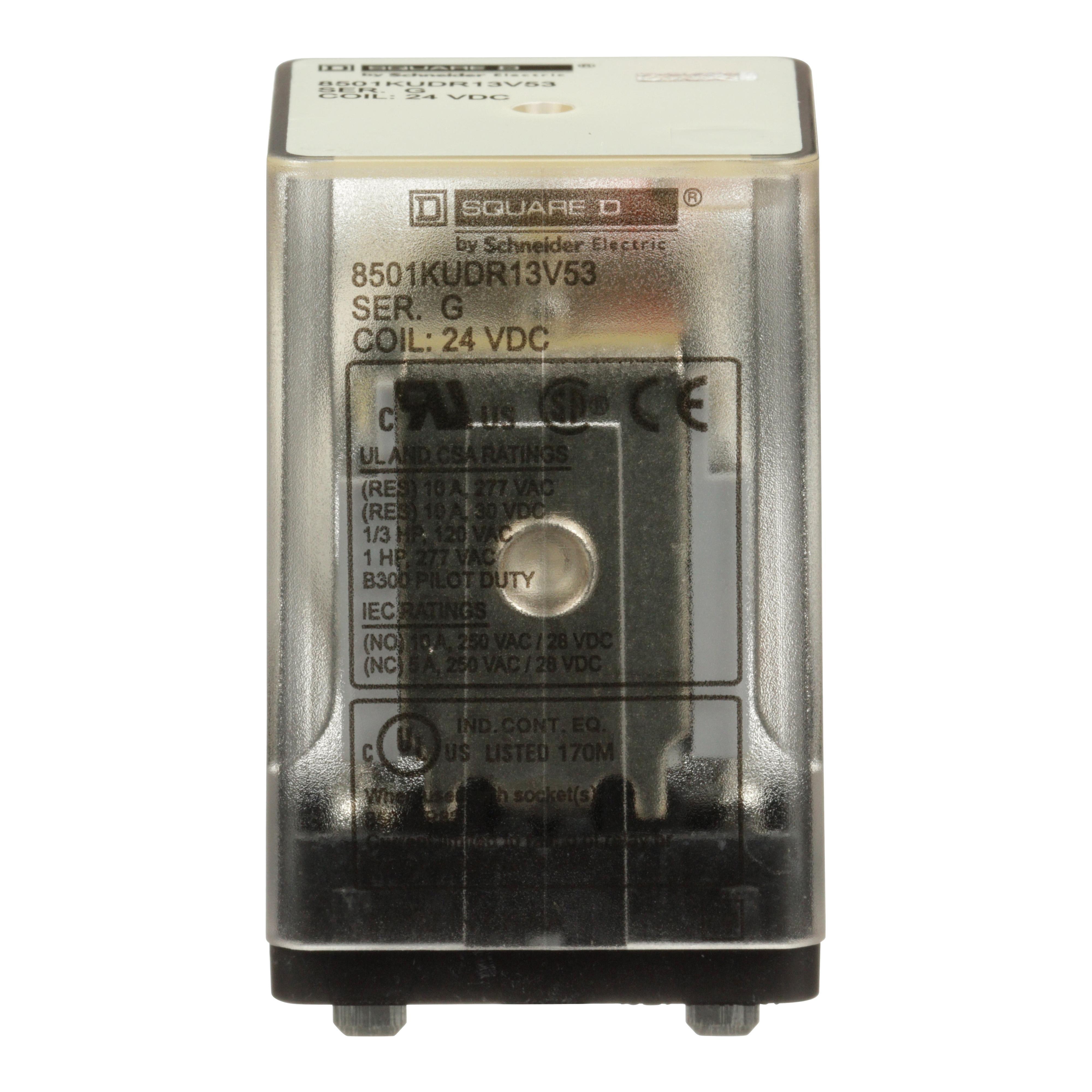 Square D™ 8501KUDR13V53 Type K General Purpose Relay With Standard Cover, 10 A, 11 Pin, 3CO 3 Form C 3PDT Contact, 300 V AC/30 V DC V Coil