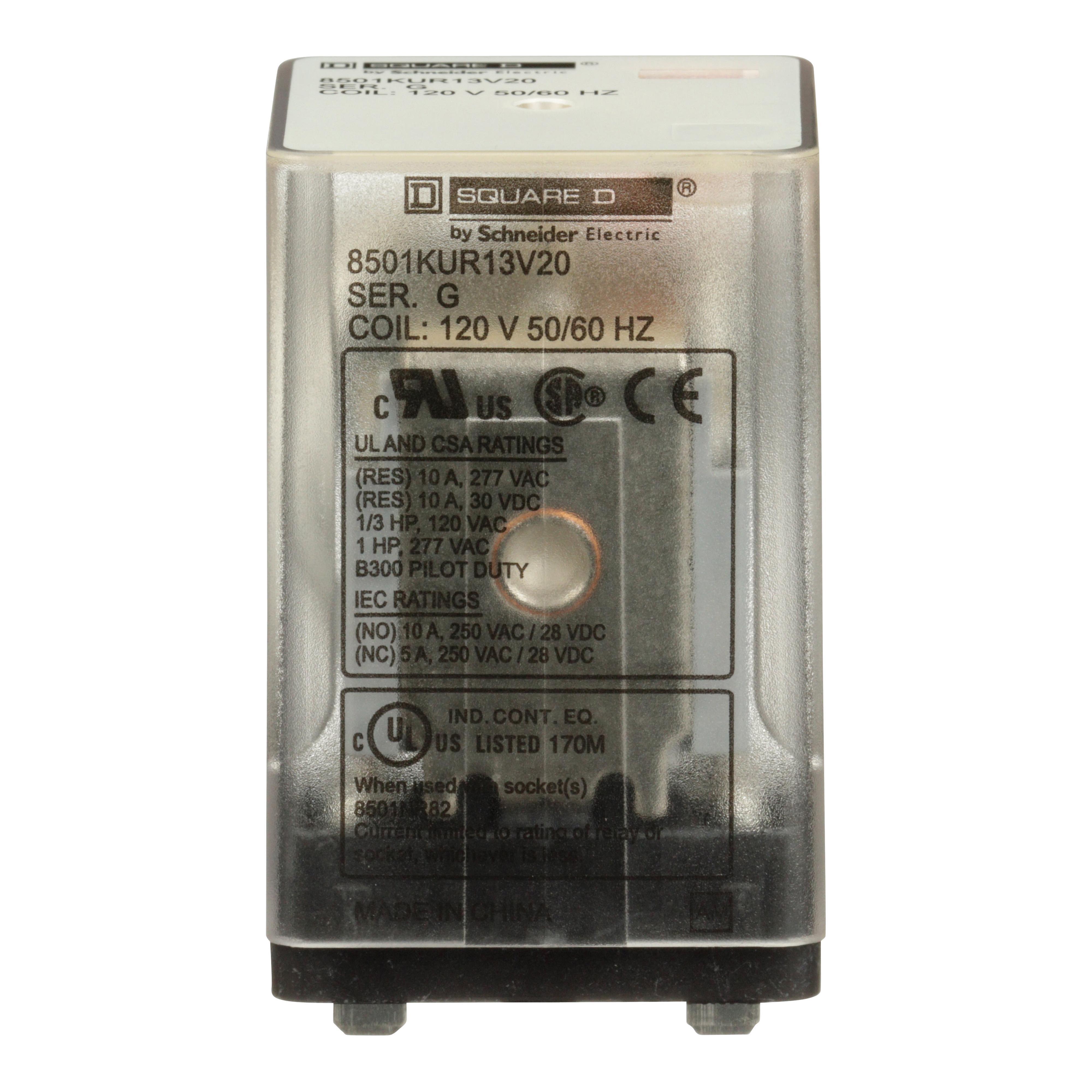 Square D™ 8501KUR13V20 Type KU Plug-In Relay, 6.6 A, 3 Form C 3PDT Contact, 300 V AC, 30 V DC V Coil