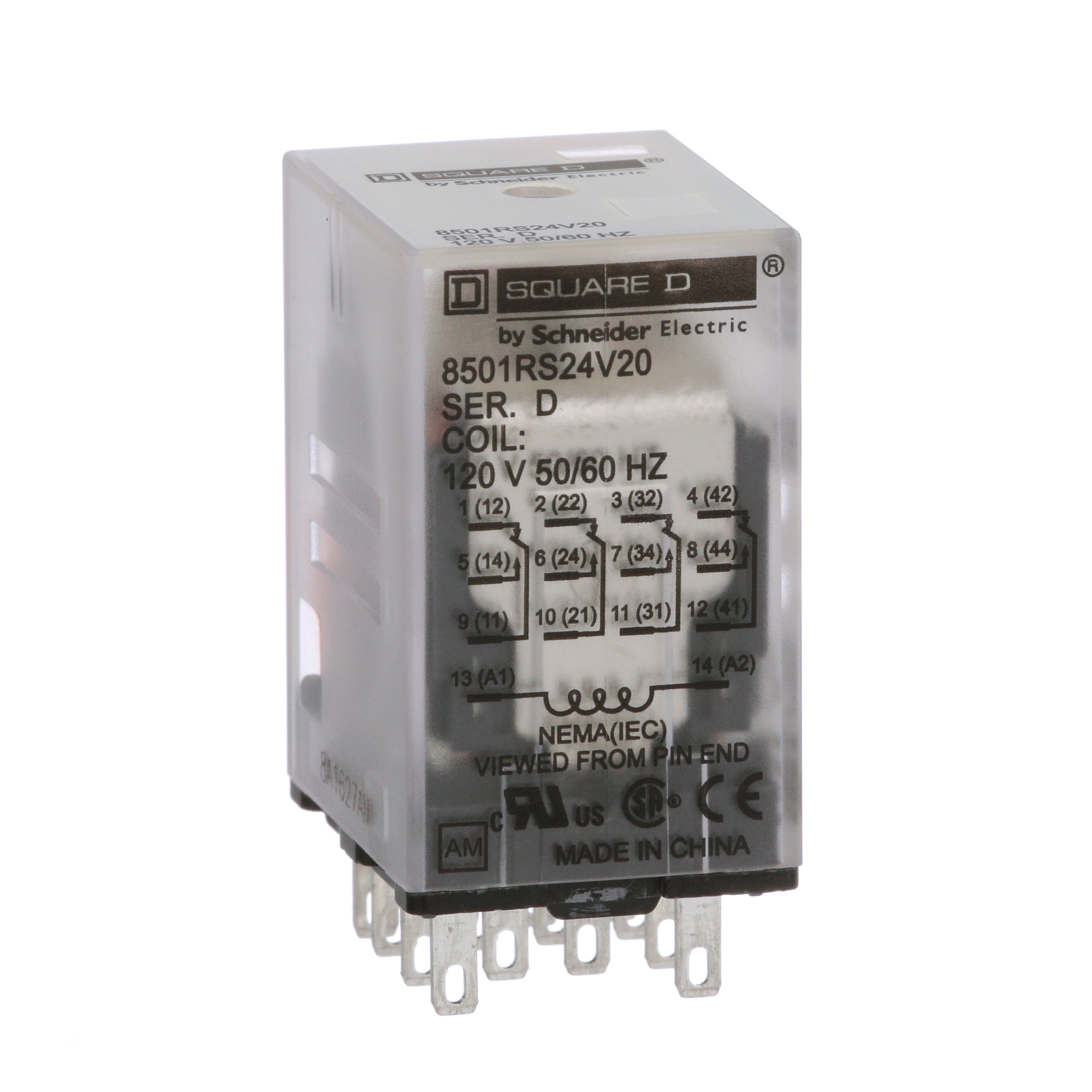 Square D™ 8501RS24V20 Type R Low Voltage Miniature Relay With Standard Cover, 1 A, 4 Form C 4PDT Contact, 120 V AC V Coil