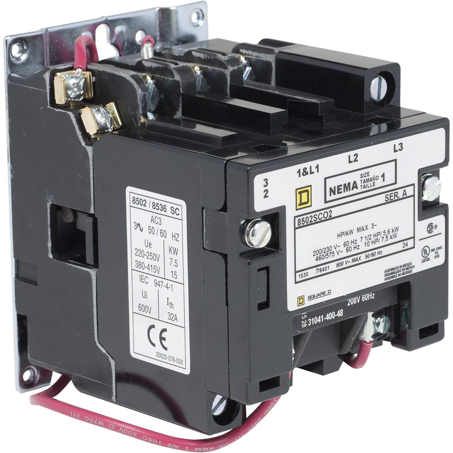 Square D™ 8502SCO2V08 3-Phase Type S NEMA Contactor, 208 VAC V Coil, 27 A, 3 Poles