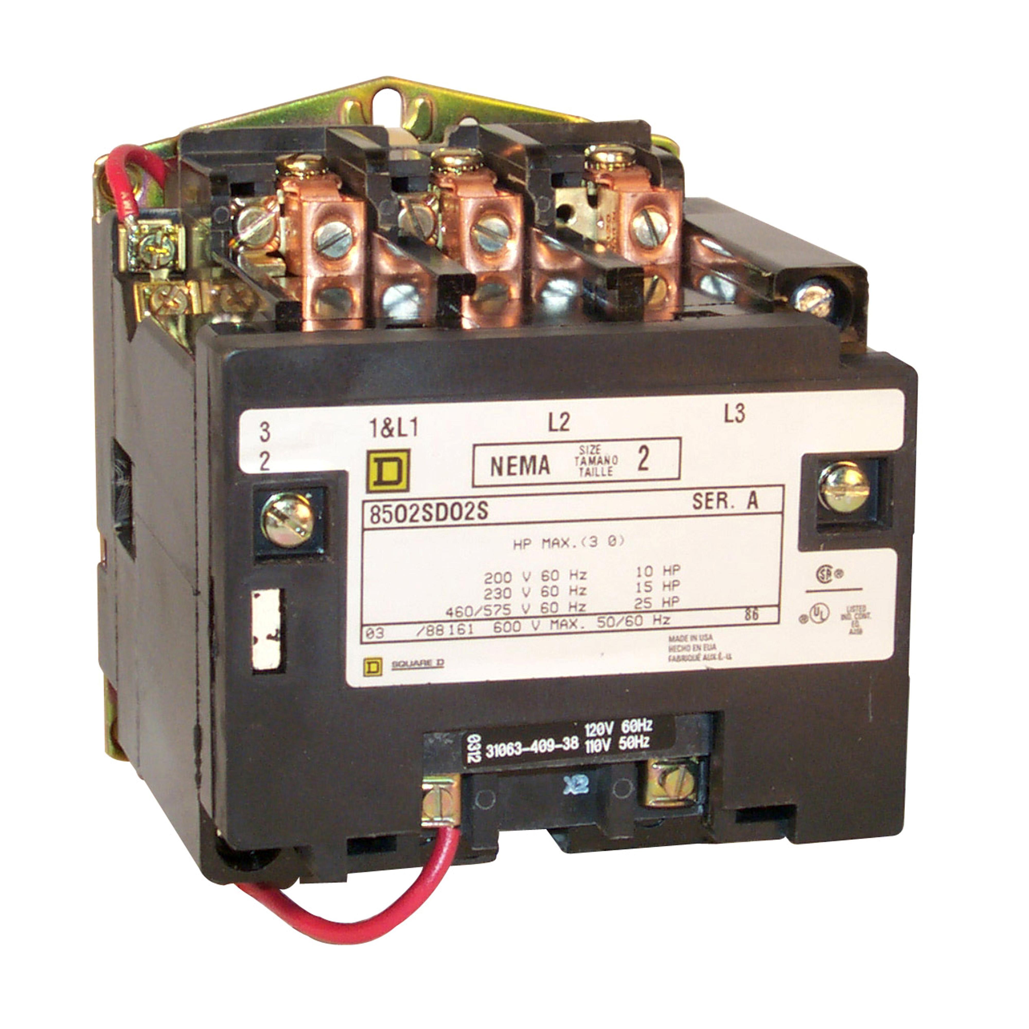 Square D™ 8502SDO2V06 3-Phase Type S NEMA Contactor, 440/480 V AC V Coil, 45 A, 3 Poles