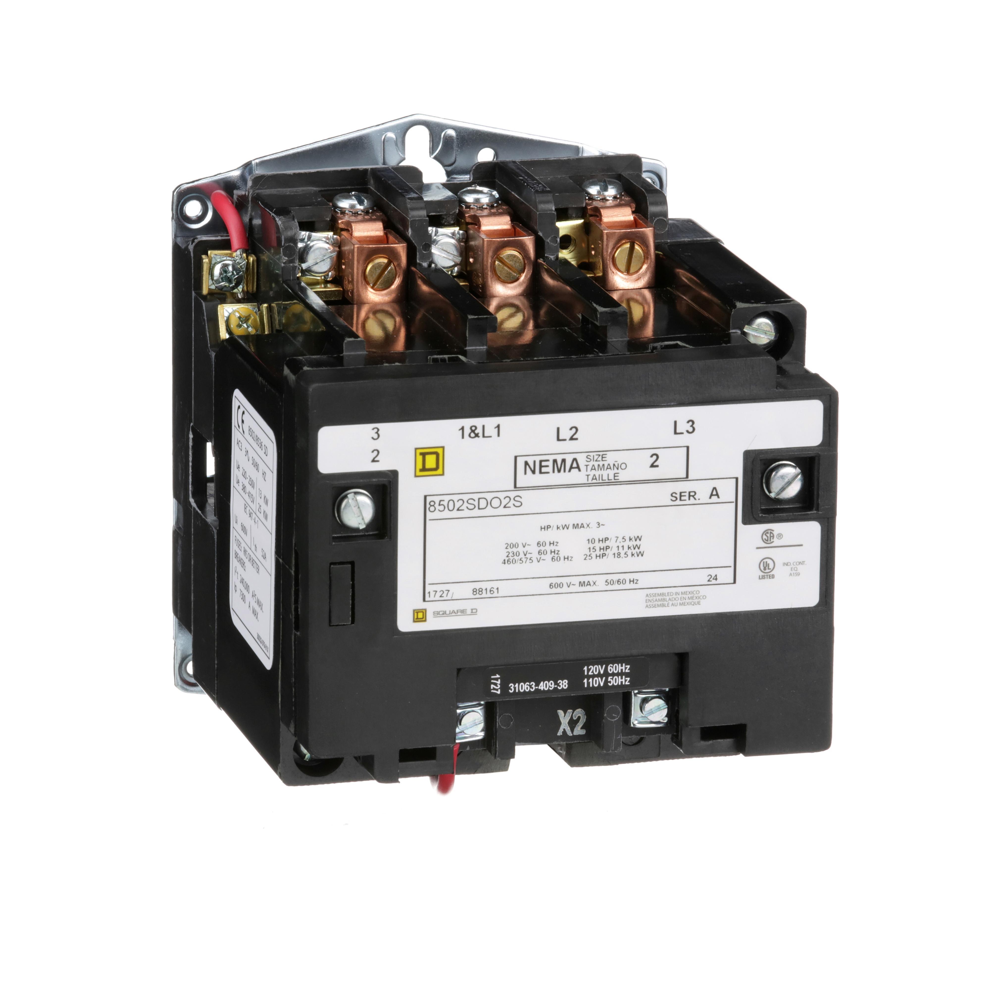Square D™ 8502SDO2V08 3-Phase Type S NEMA Contactor, 208 V AC V Coil, 45 A, 3 Poles