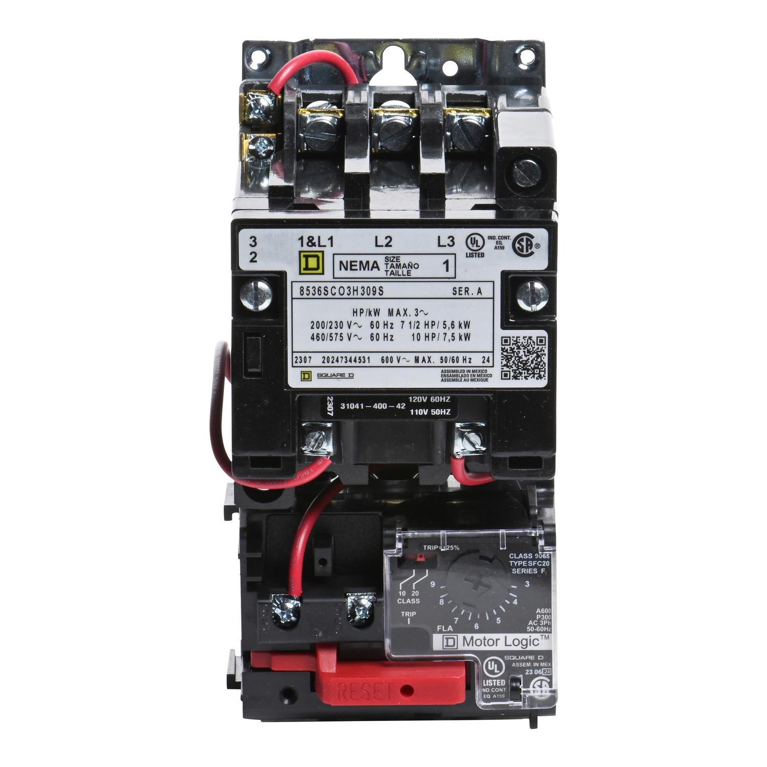 Square D™ 8536SCO3V02H309S Type S Magnetic Starter, 110 VAC at 50 Hz/120 VAC at 60 Hz V Coil, Non-Reversing Action, 3 Poles, Open Enclosure