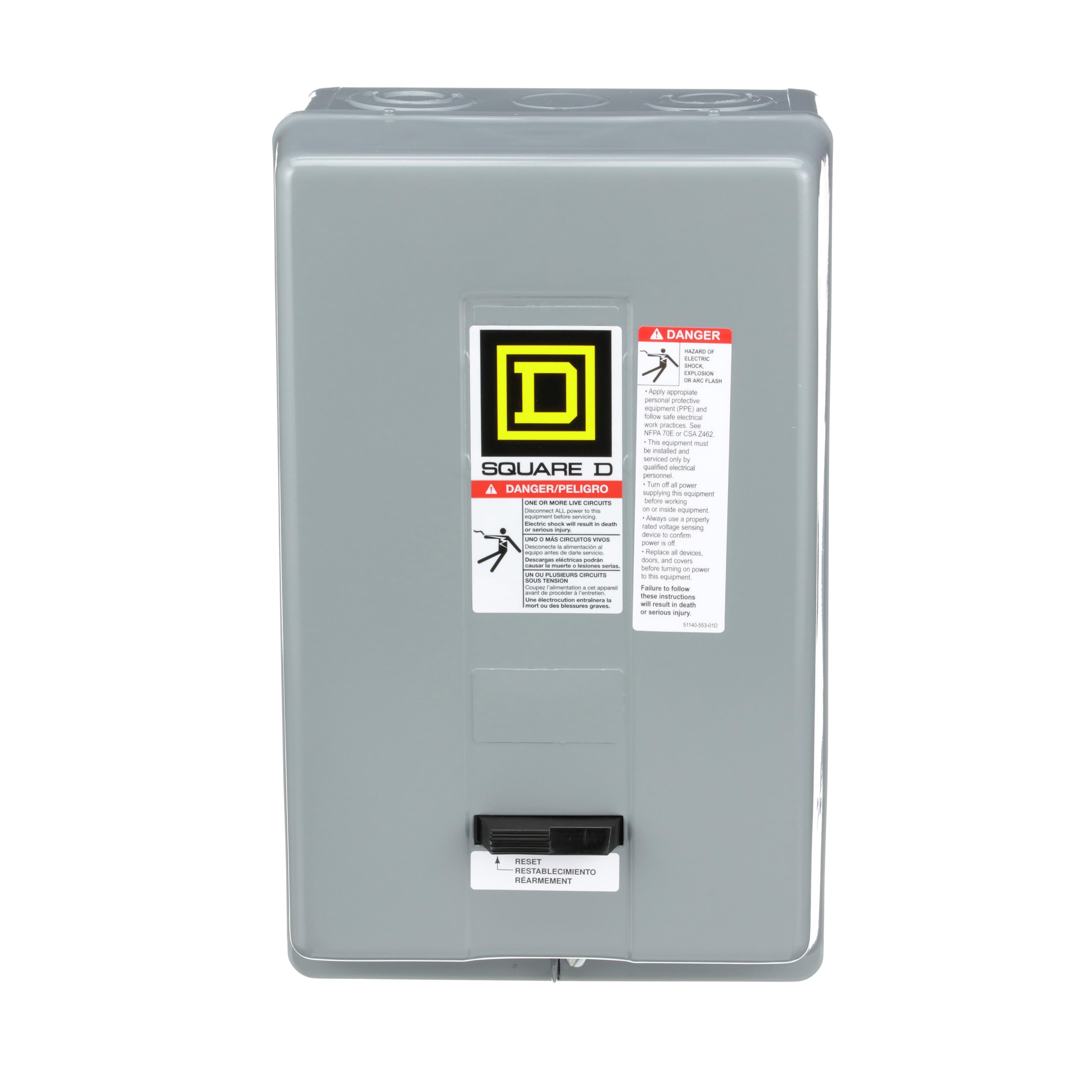 Square D™ 8536SDG1V08H30 Type S Magnetic Starter, 208 VAC at 60 Hz V Coil, Non-Reversing Action, 3 Poles, NEMA 1 Enclosure