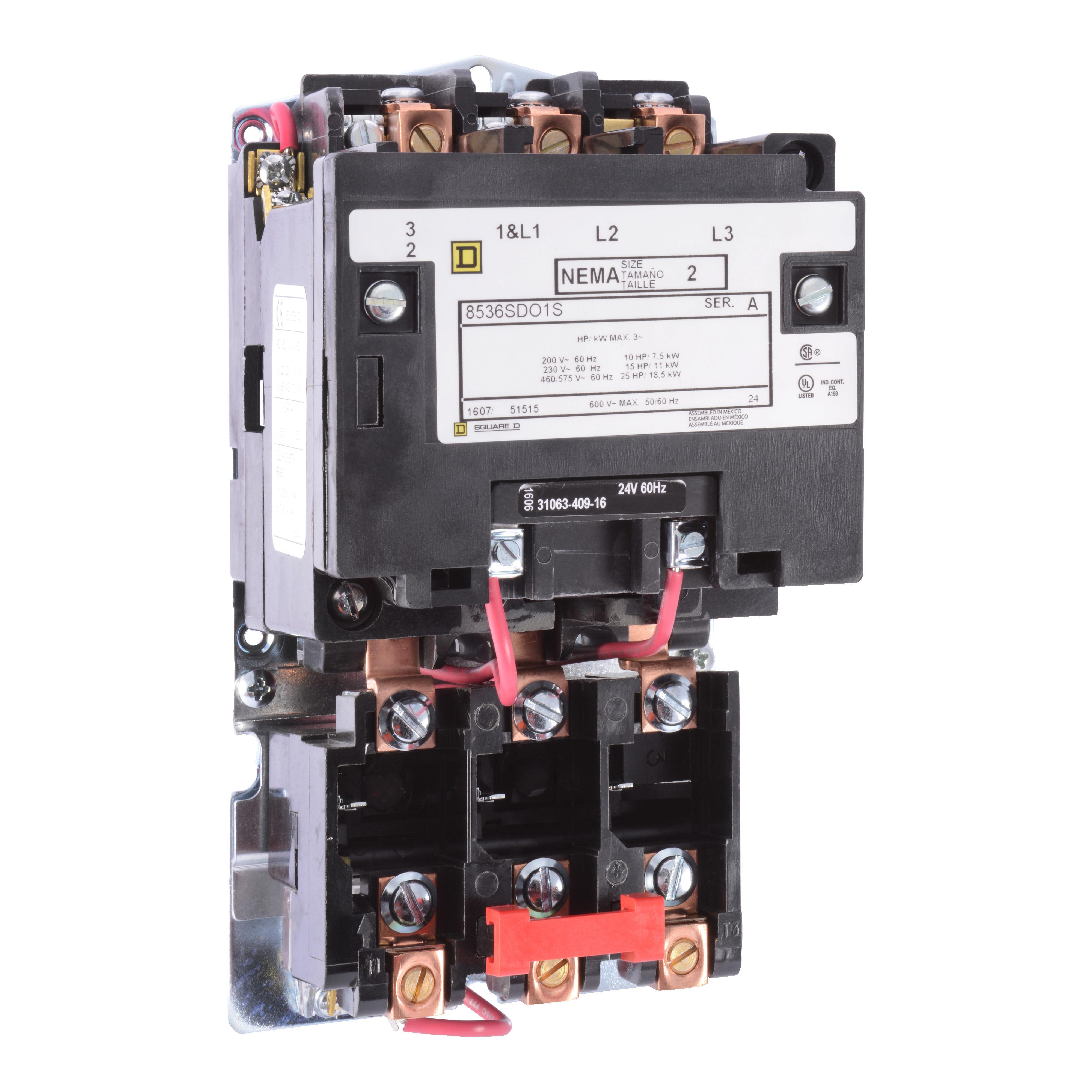 Square D™ 8536SDO1V08 Type S Non-Reversing NEMA Magnetic Starter, 208 VAC V Coil, 3 Poles, Open Enclosure