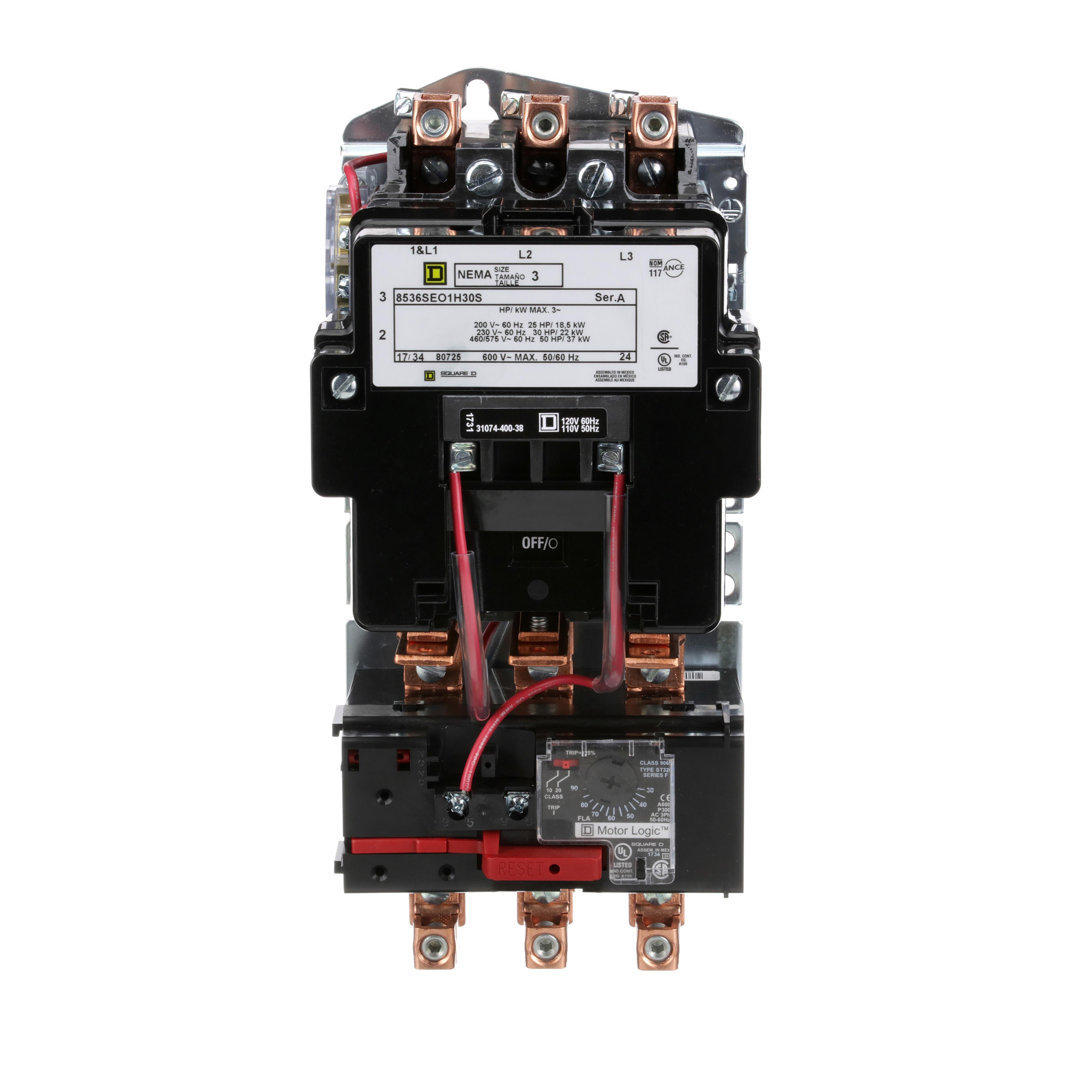 Square D™ 8536SEO1V02H30S Type S Starter, 110/120 VAC V Coil, Non-Reversing Action, 3 Poles, Open Enclosure