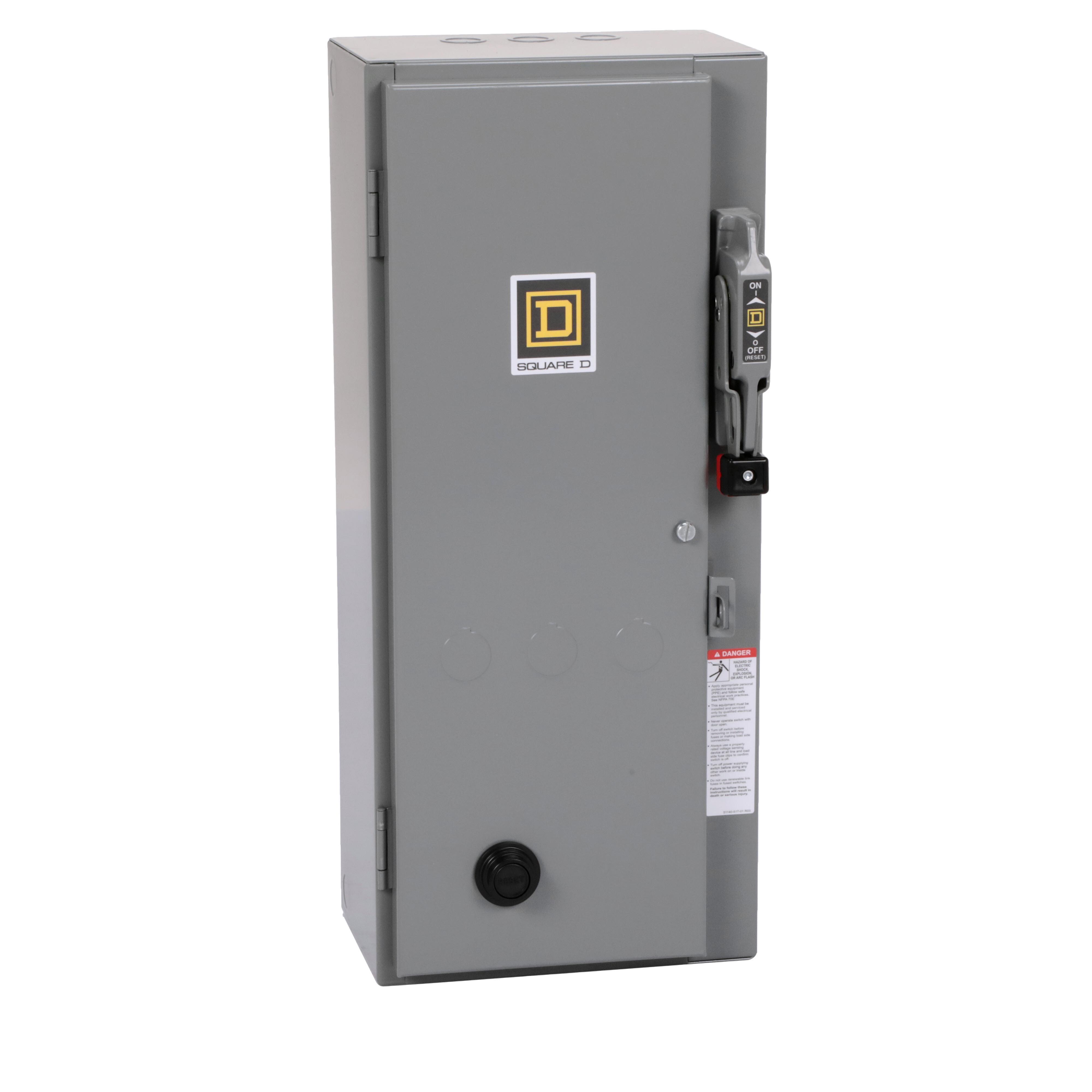 Square D™ 8538SBG11V02S Type S NEMA Combination Magnetic Starter With Non-Fusible Disconnect Switch, 110 VAC at 50 Hz, 120 VAC at 60 Hz V Coil, Non-Reversing Action, 3 Poles, NEMA 1 Enclosure