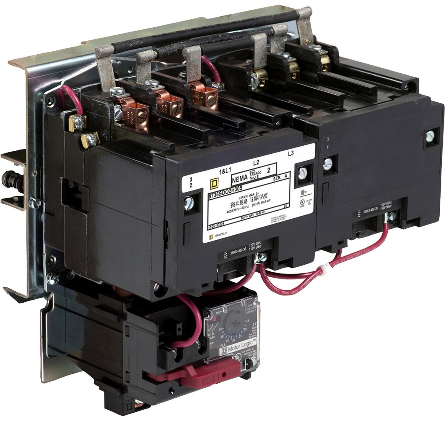 Square D™ 8736SDO2V02H30S Type S Magnetic Starter, 110 VAC at 50 Hz/120 VAC at 60 Hz V Coil, Reversing Action, 3 Poles, Open Enclosure