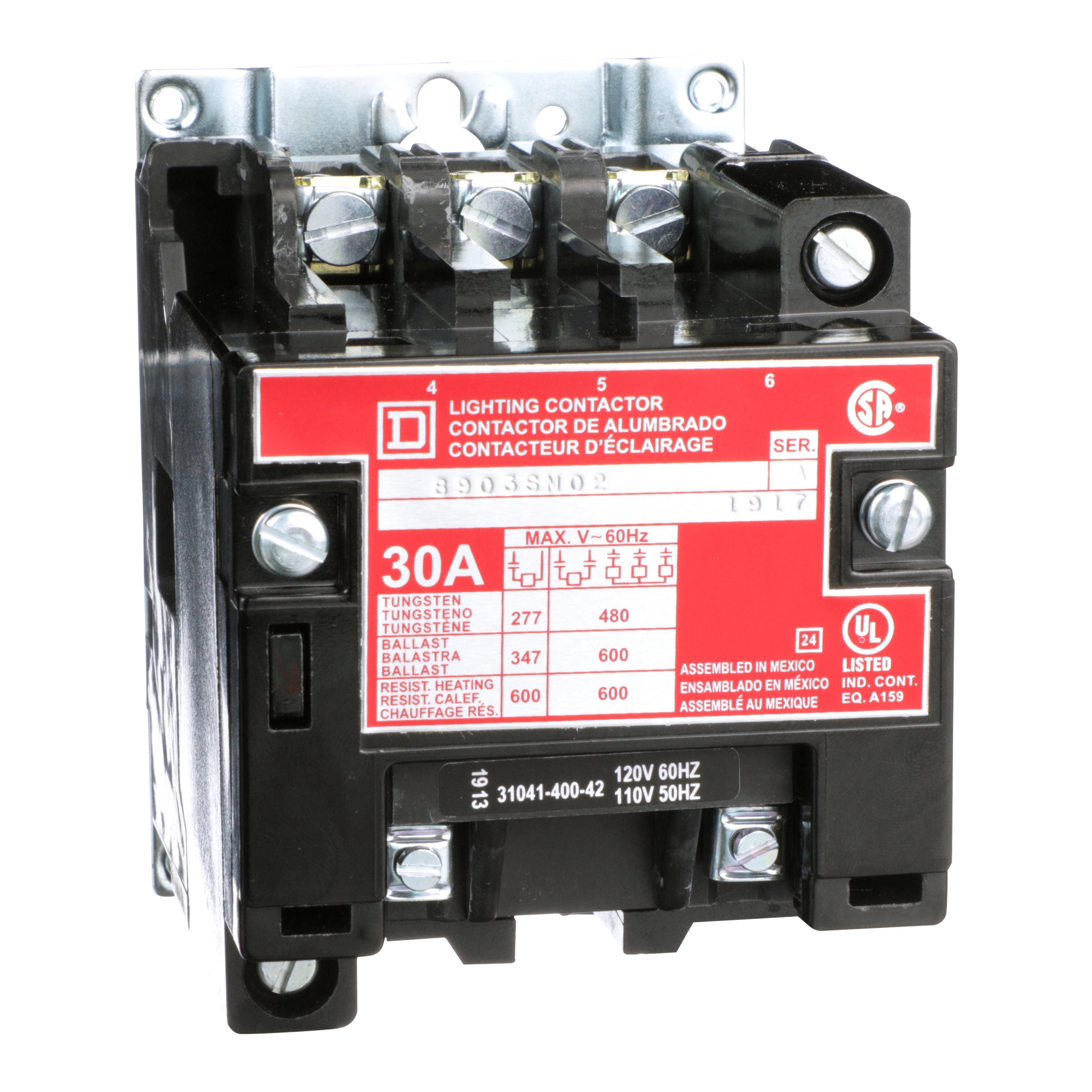Square D™ 8903SMO2V02 Type S Electrically Held Multi-Pole Lighting Contactor, 110/120 V AC V Coil, 30 A, 3 Poles