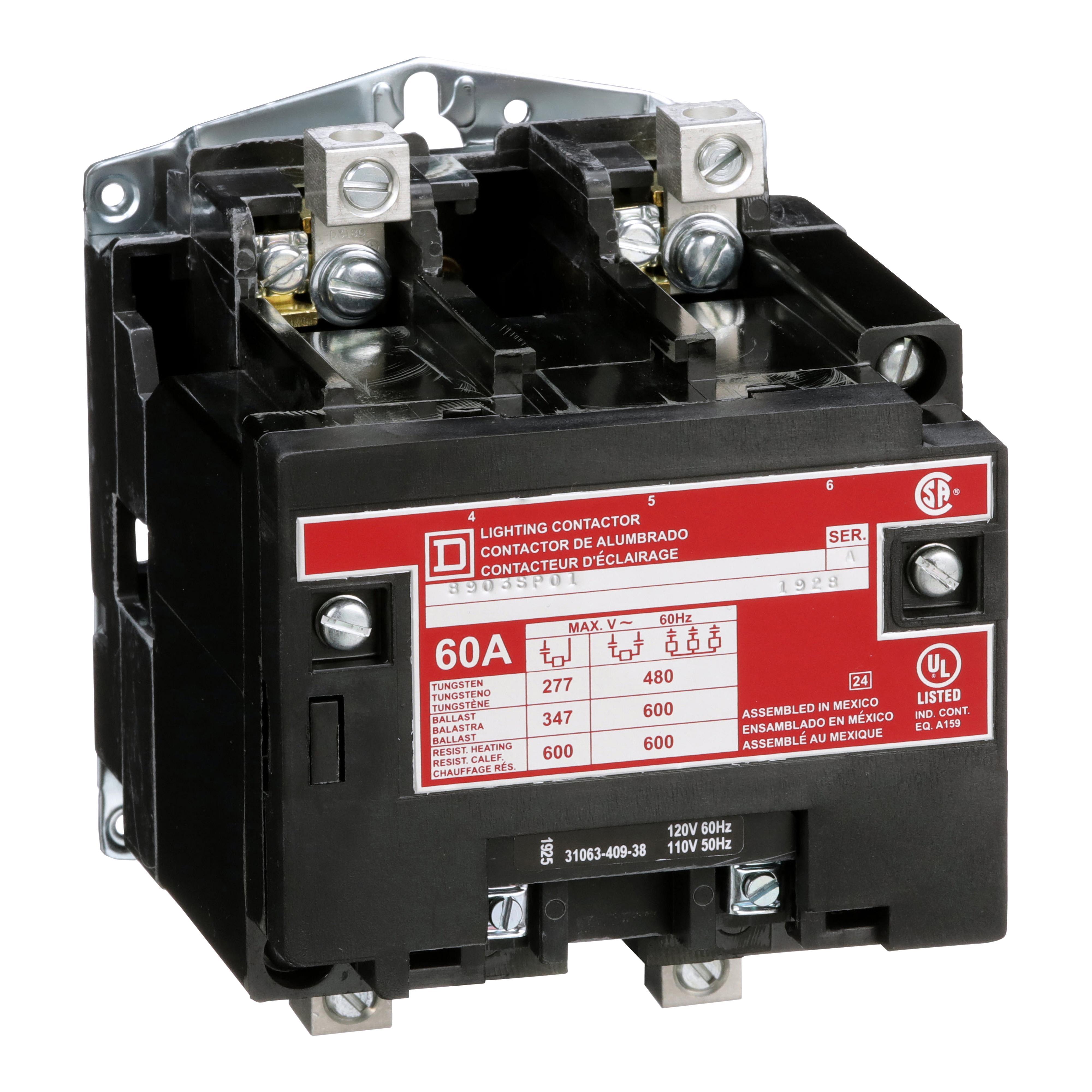 Square D™ 8903SPO1V02 Type S Electrically Held Multi-Pole Lighting Contactor, 110/120 V AC V Coil, 60 A, 2 Poles