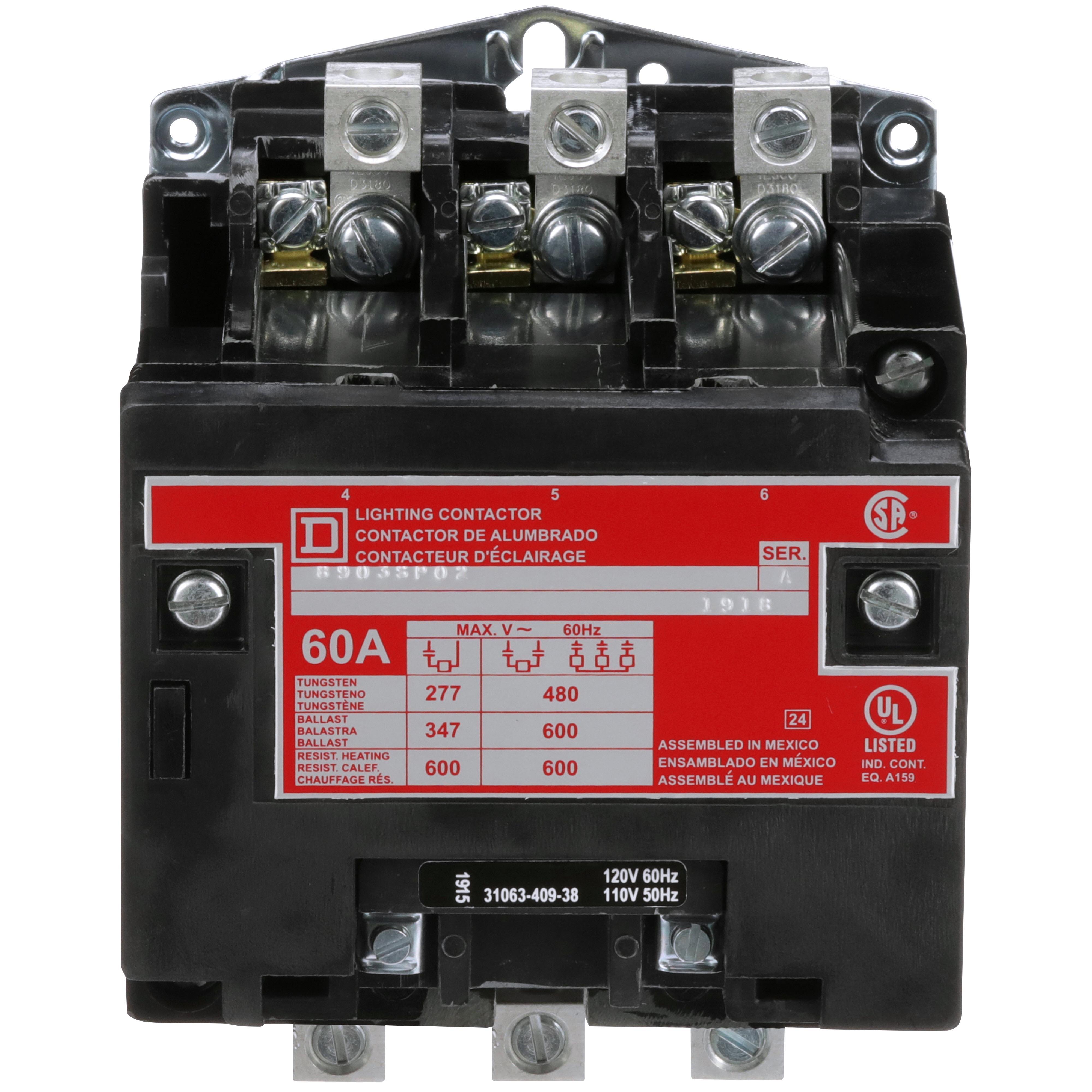 Square D™ 8903SPO2V02 Type S Electrically Held Multi-Pole Lighting Contactor, 110/120 V AC V Coil, 60 A, 3 Poles