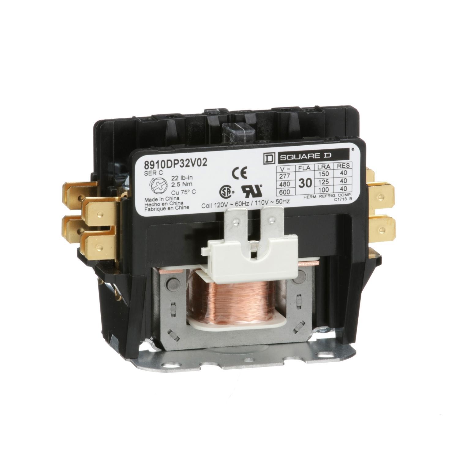 Square D™ 8910DP32V02 Type DP 1-Phase Electromechanical Definite Purpose Contactor, 110/120 V AC V Coil, 30 A, 2NO Contact, 2 Poles