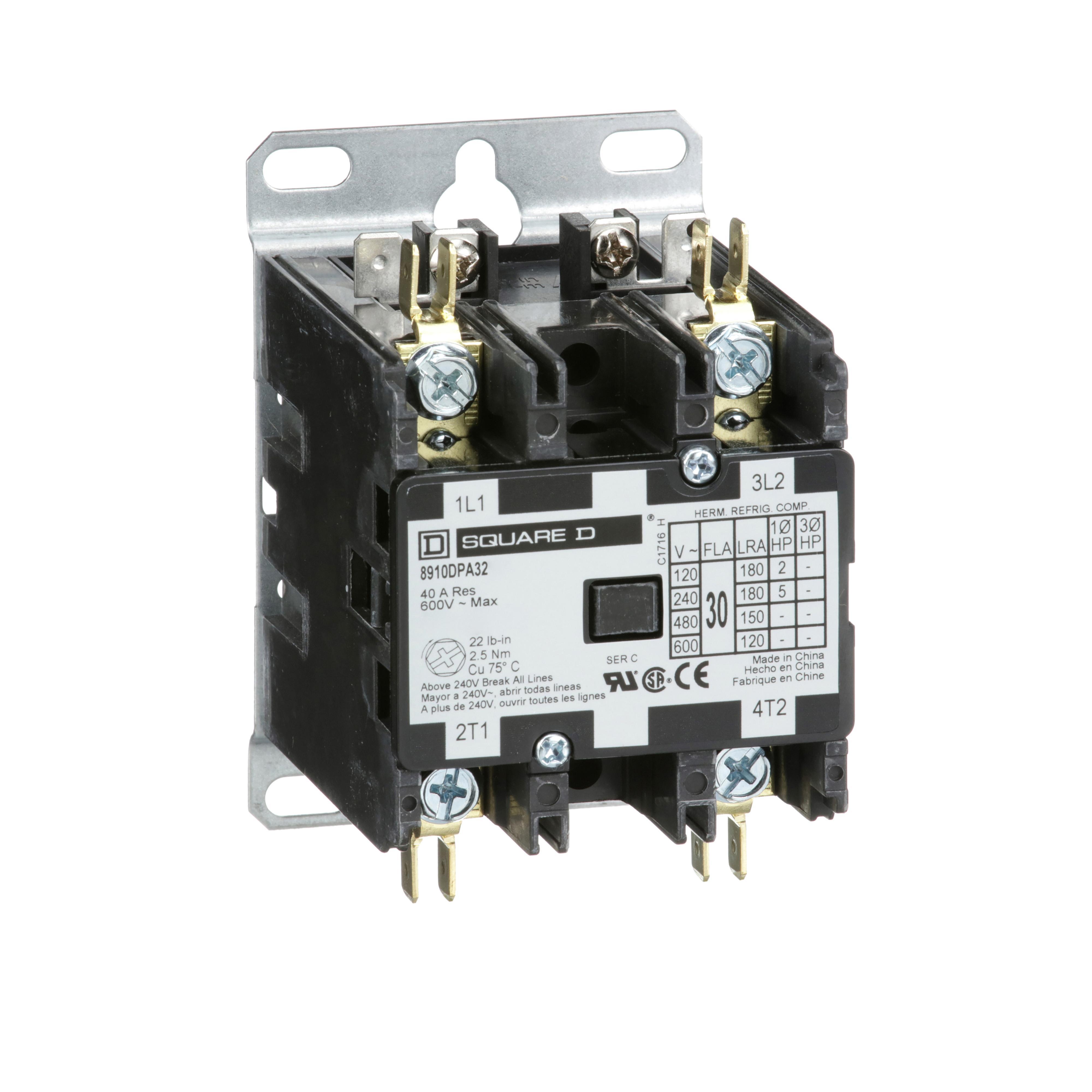 Square D™ 8910DPA32V04 Type DPA 1-Phase Electromechanical Definite Purpose Contactor, 277 V AC V Coil, 30 A, 2NO Contact, 2 Poles