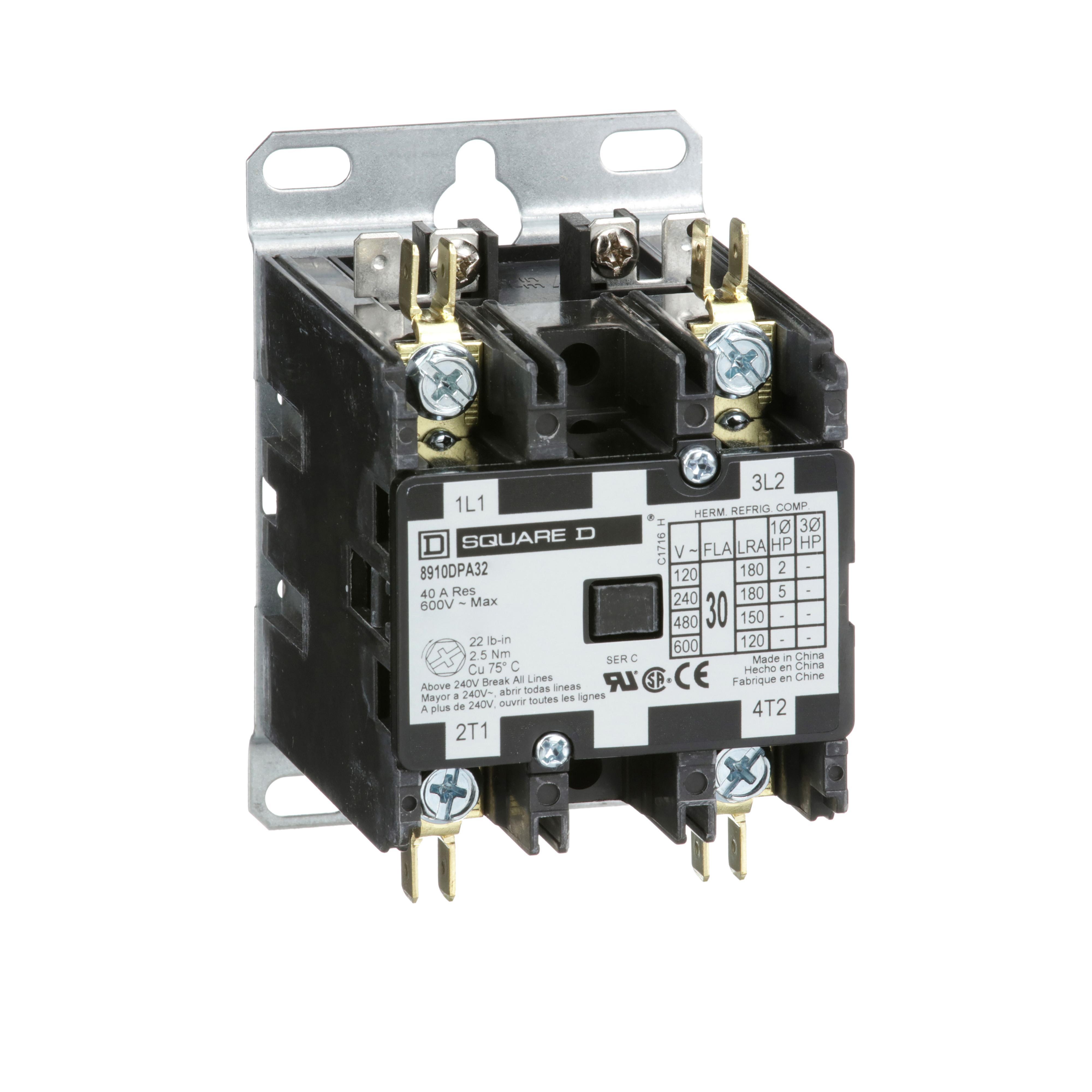 Square D™ 8910DPA32V06 1-Phase Electro-Mechanical Definite Purpose Contactor, 440/480 V AC V Coil, 30 A, 2NO Contact, 2 Poles