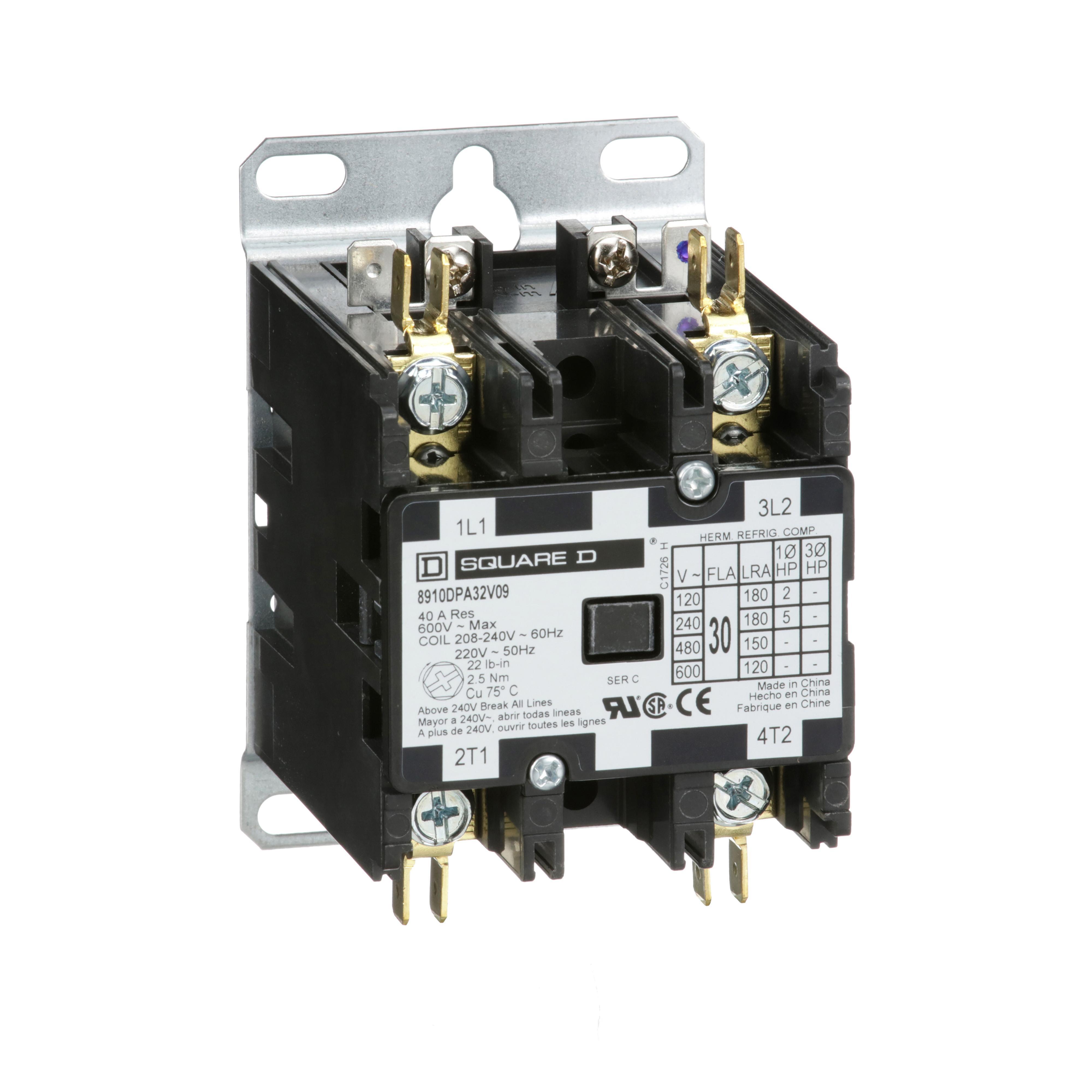 Square D™ 8910DPA32V09 Type DPA 1-Phase Electromechanical Definite Purpose Contactor, 208/220/240 V AC V Coil, 30 A, 2NO Contact, 2 Poles