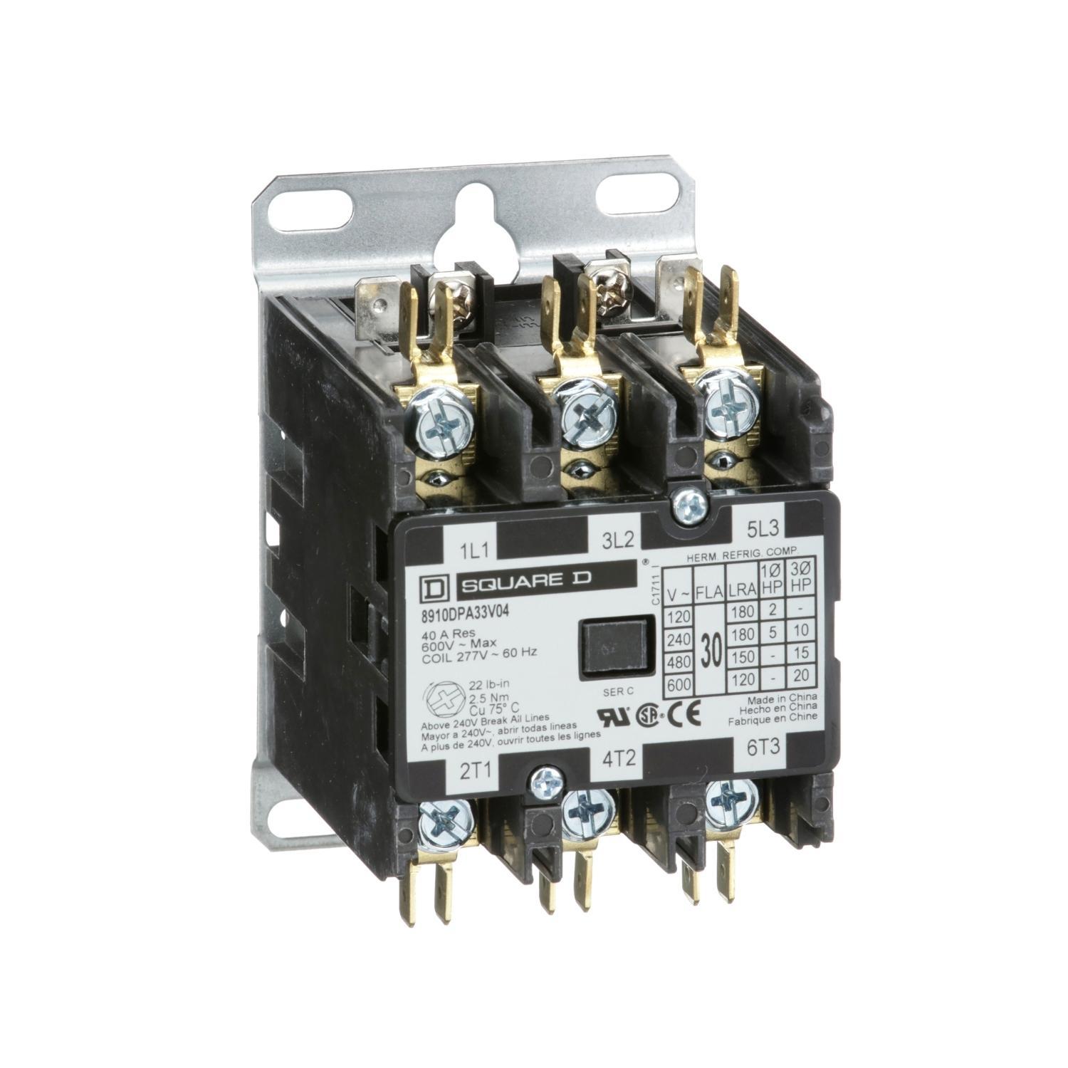 Square D™ 8910DPA33V04 3-Phase Electromechanical Type DPA Definite Purpose Contactor, 277 V AC V Coil, 30 A, 3NO Contact, 3 Poles