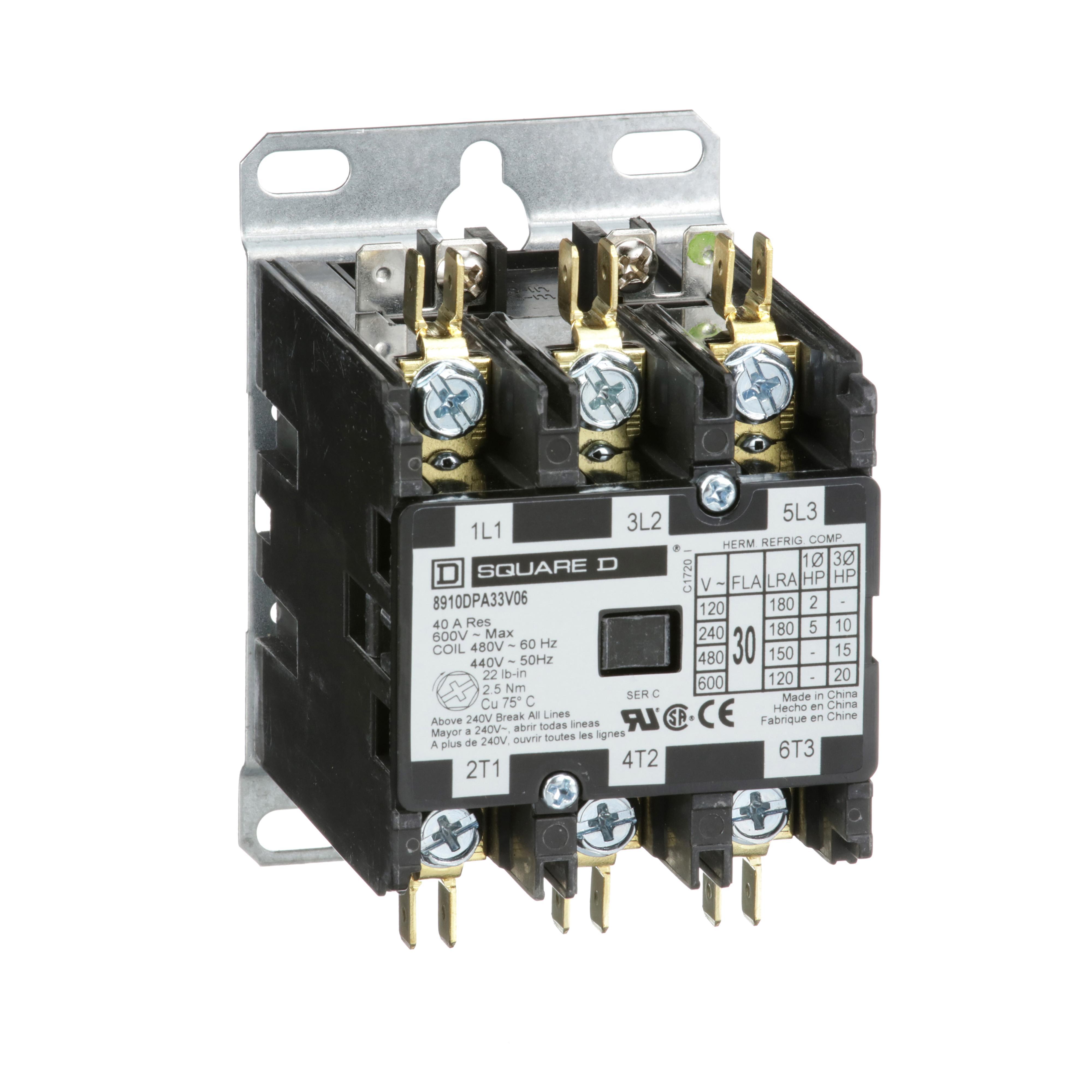 Square D™ 8910DPA33V06 3-Phase Electromechanical Type DPA Definite Purpose Contactor, 440/480 V AC V Coil, 30 A, 3NO Contact, 3 Poles