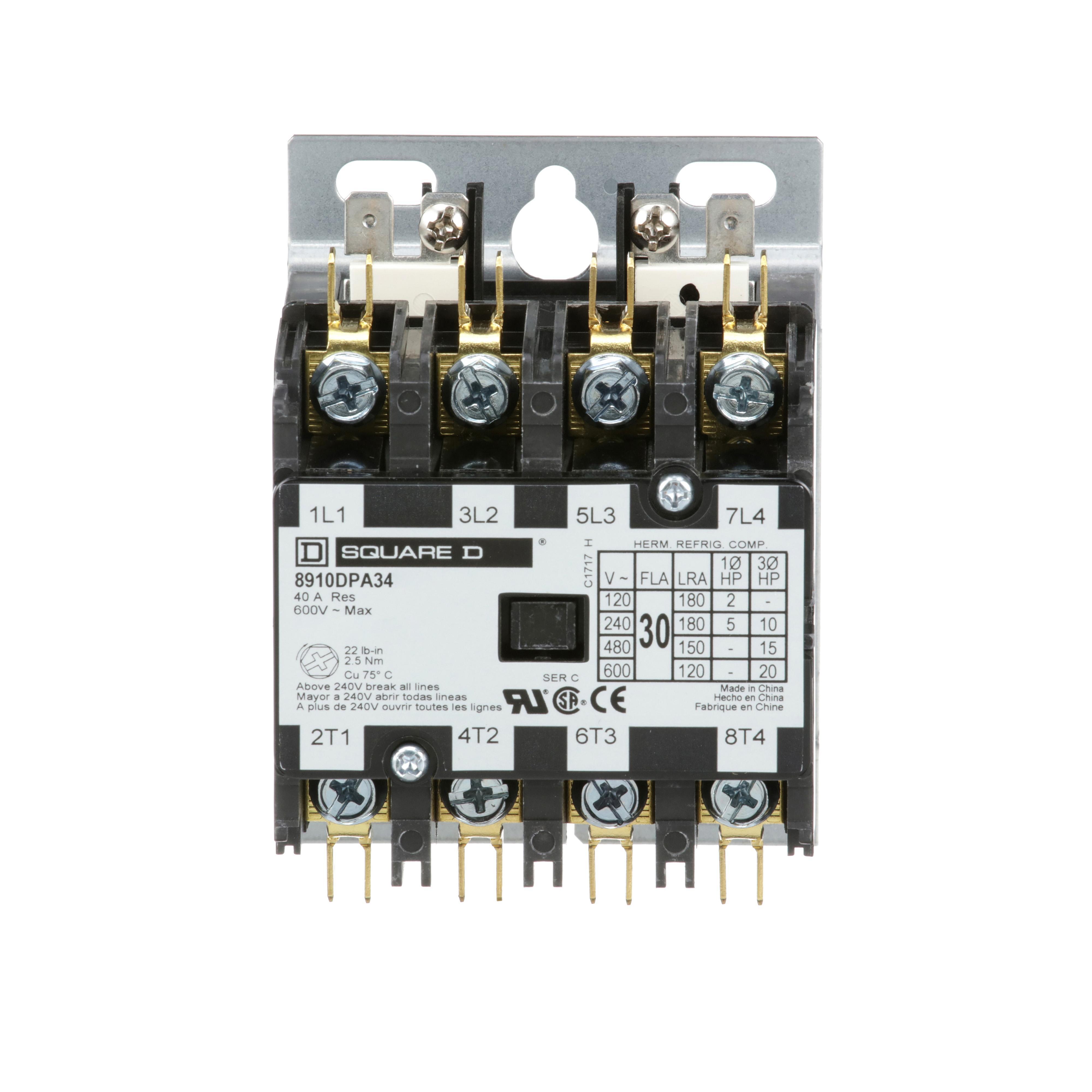 Square D™ 8910DPA34V04 3-Phase Type DPA Definite Purpose Contactor, 277 V AC V Coil, 30 A, 4NO Contact, 4 Poles