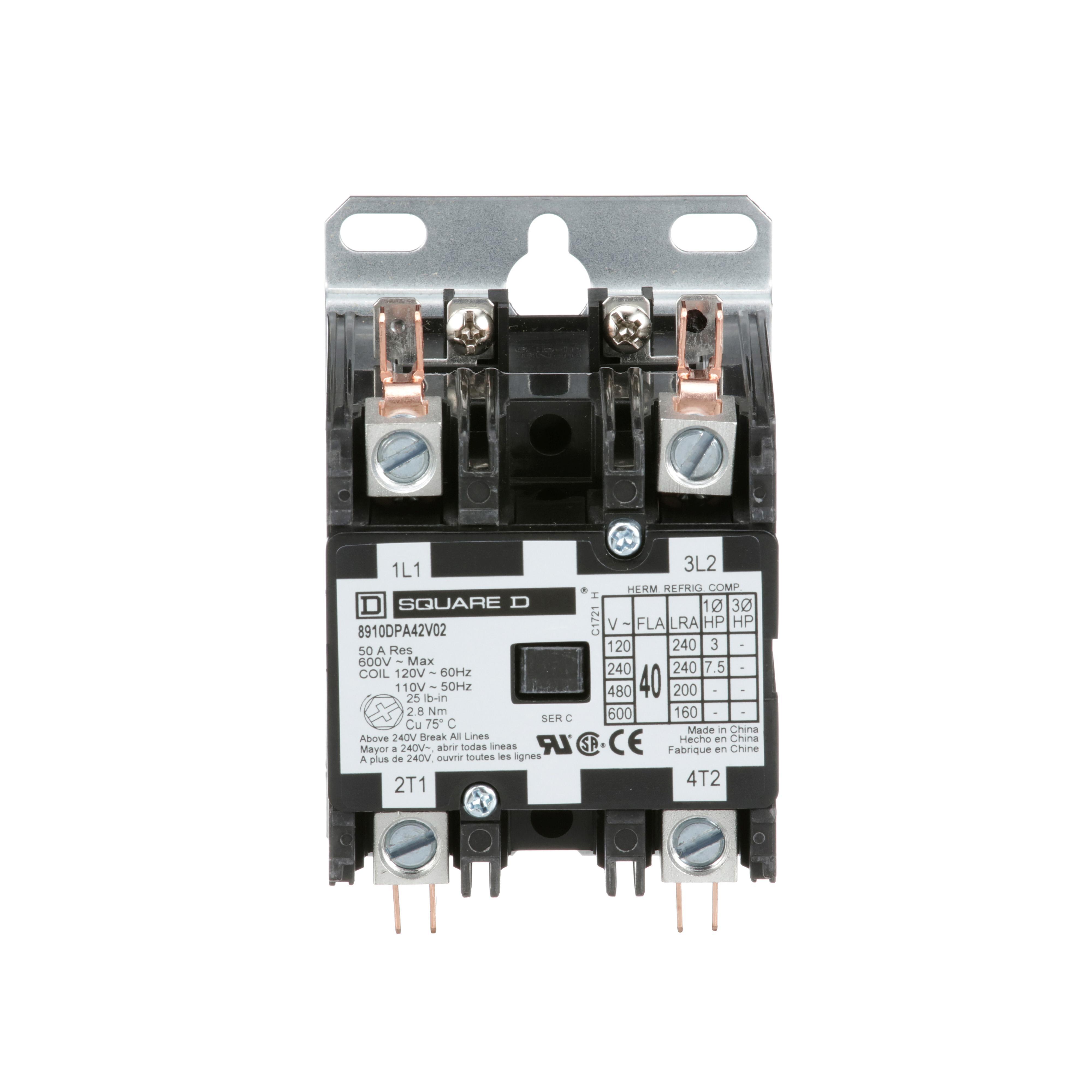 Square D™ 8910DPA42V02 8910 Type DPA 1-Phase Electromechanical Definite Purpose Contactor, 110/120 V AC V Coil, 40 A, 2NO Contact, 2 Poles