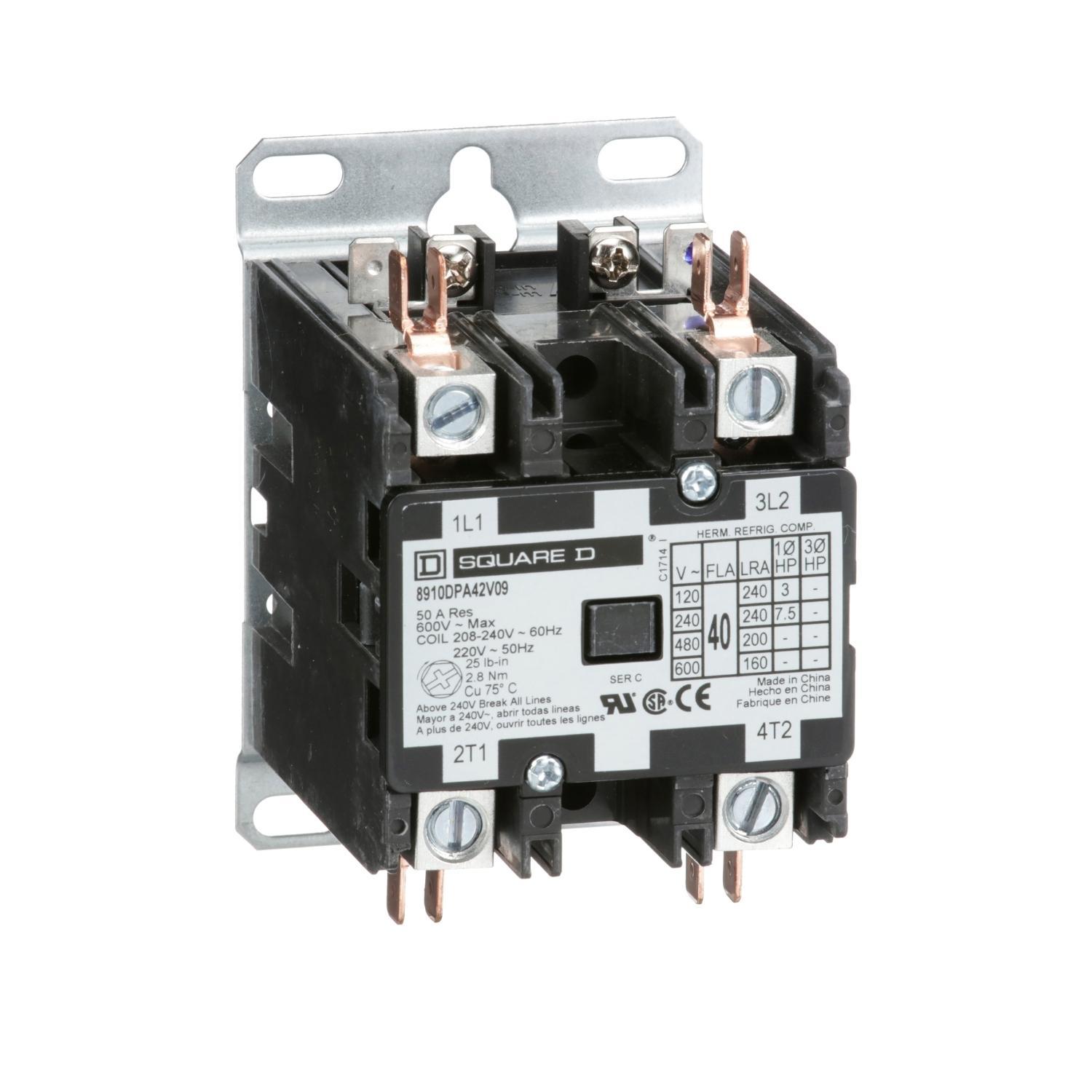 Square D™ 8910DPA42V09 Type DPA 1-Phase Electromechanical Definite Purpose Contactor, 208/220/240 V AC V Coil, 40 A, 2NO Contact, 2 Poles
