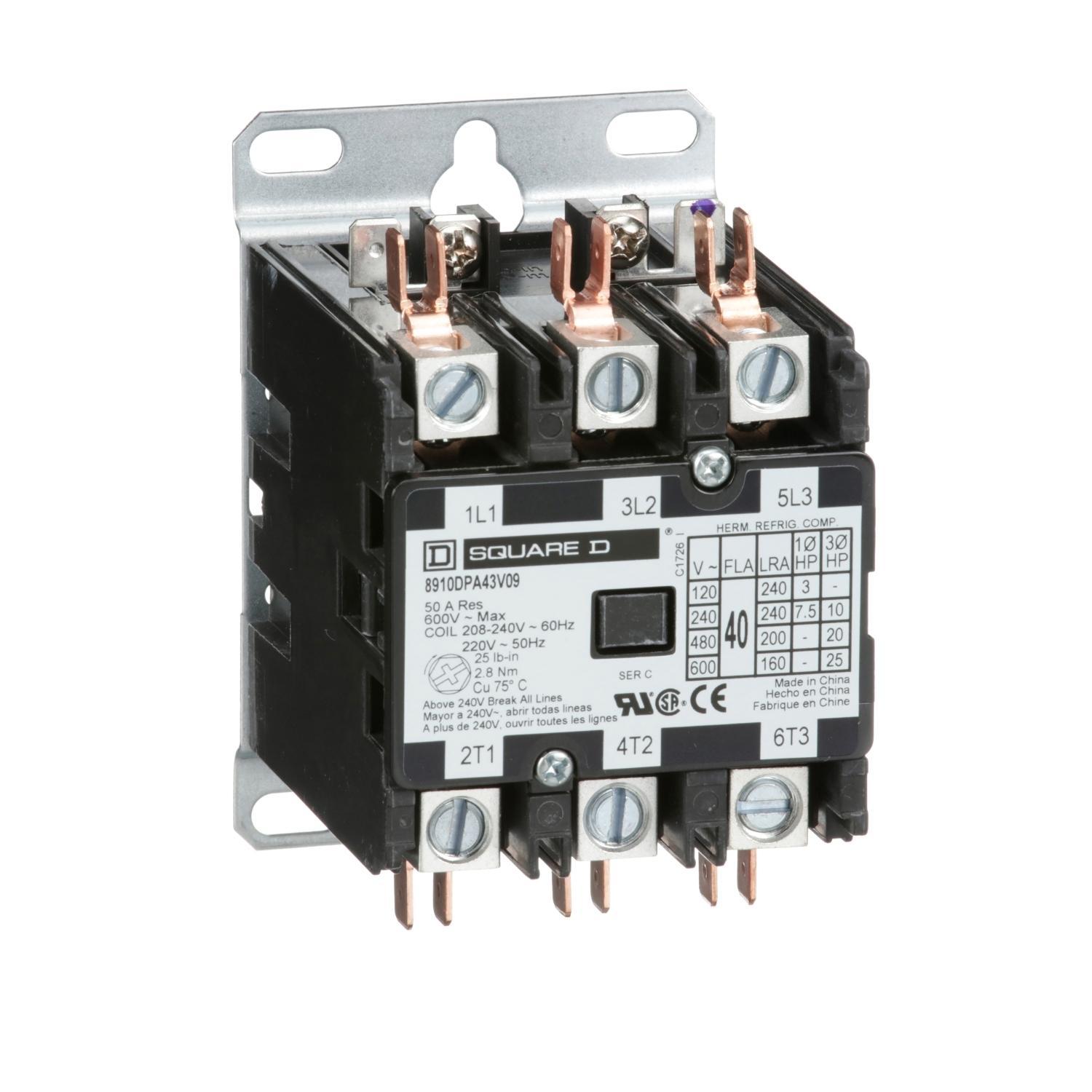 Square D™ 8910DPA43V09 3-Phase Electromechanical Type DPA Definite Purpose Contactor, 208/220/240 V AC V Coil, 40 A, 3NO Contact, 3 Poles