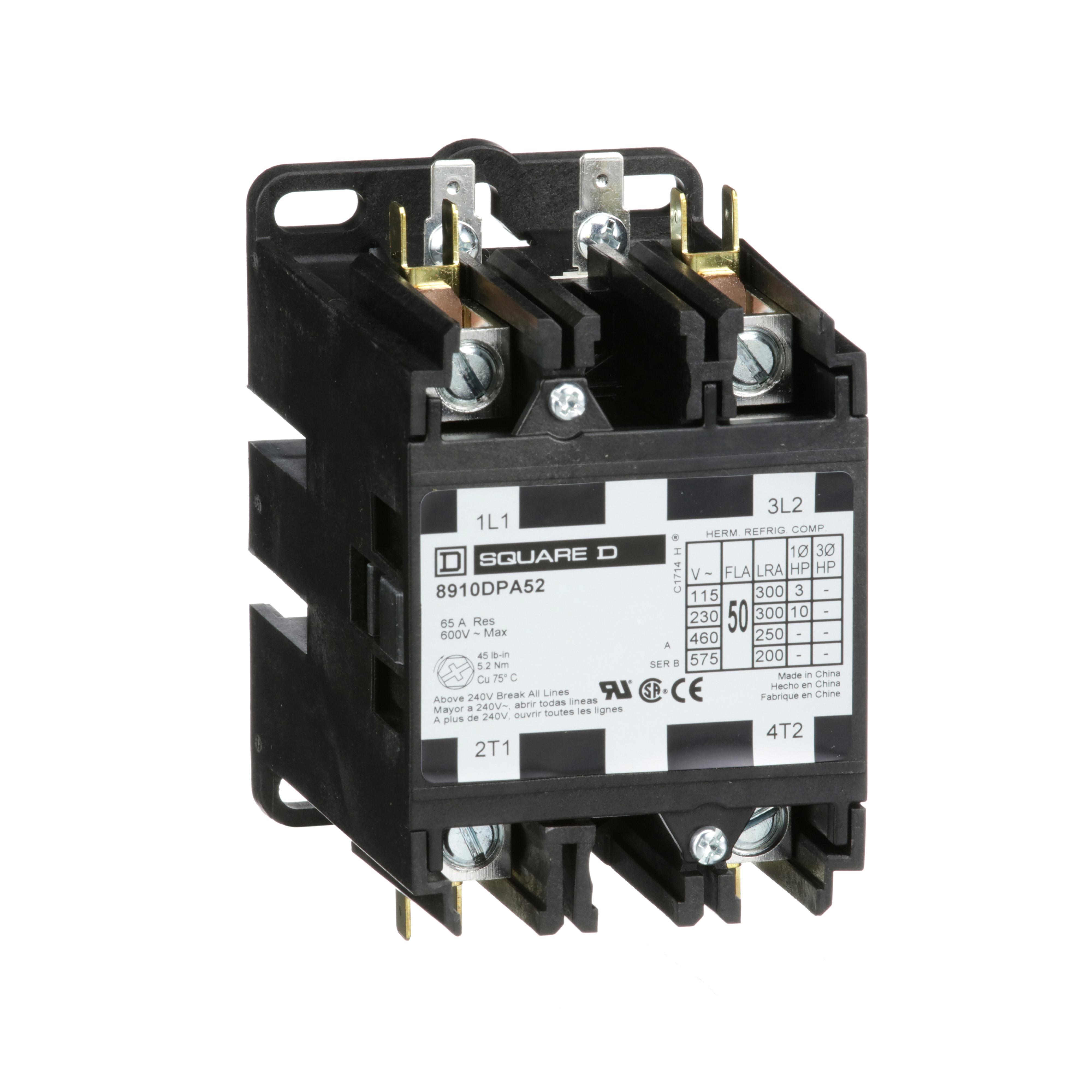 Square D™ 8910DPA52V09 Type DPA 1-Phase Electromechanical Definite Purpose Contactor, 208/220/240 V AC V Coil, 50 A, 2NO Contact, 2 Poles