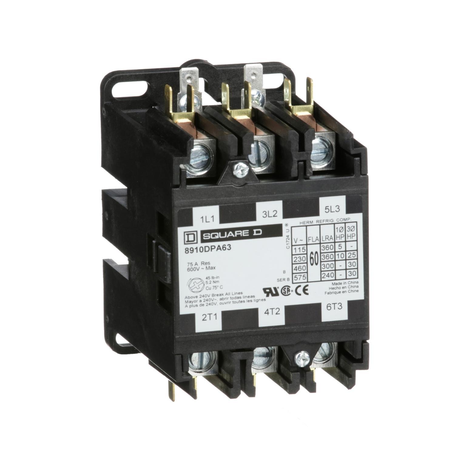 Square D™ 8910DPA63V09 3-Phase Electromechanical Type DPA Definite Purpose Contactor, 208/220/240 V AC V Coil, 60 A, 3NO Contact, 3 Poles