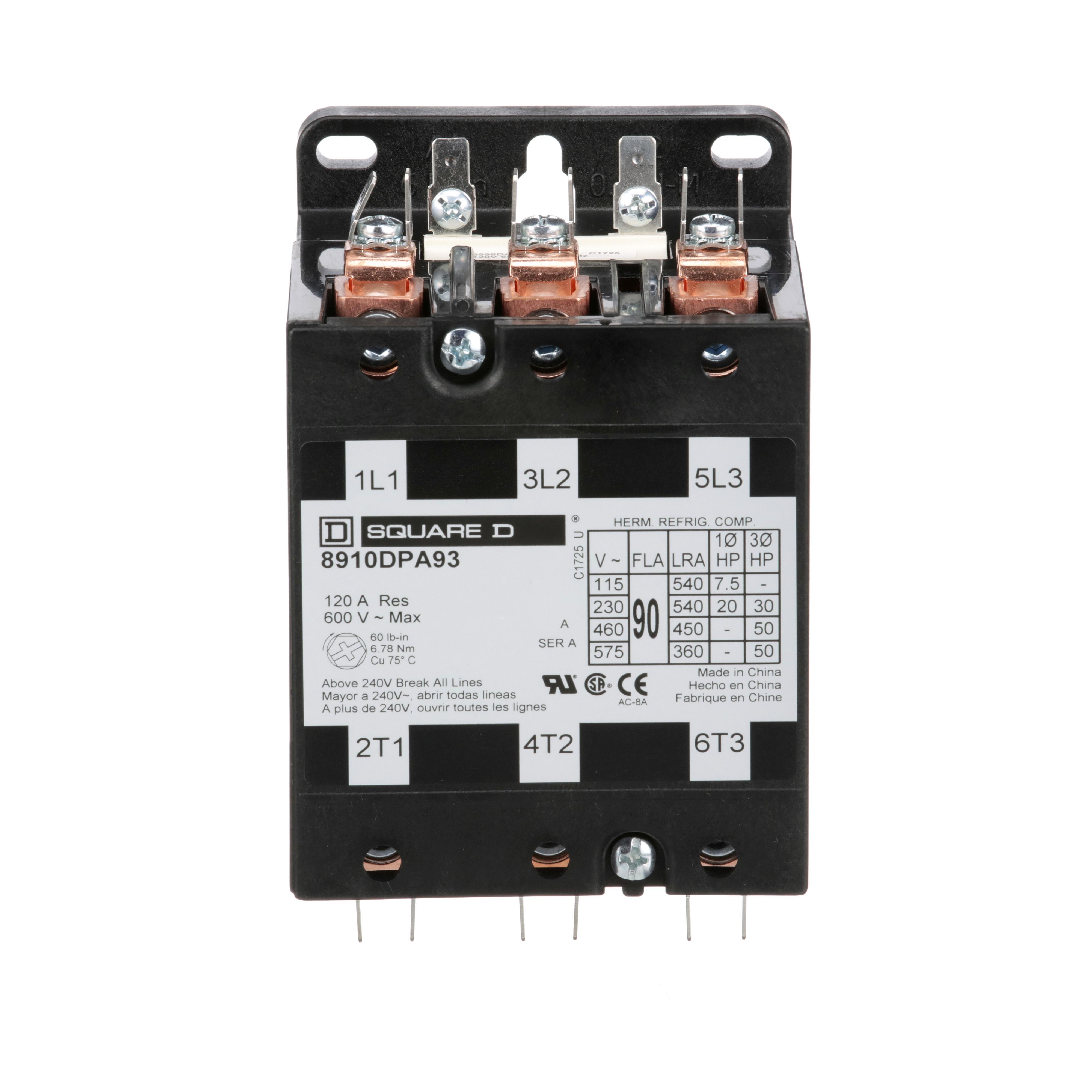 Square D™ 8910DPA93V02 8910DPA Electro-Mechanical Definite Purpose Contactor, 110/120 V AC V Coil, 90 A, 3NO Contact, 3 Poles