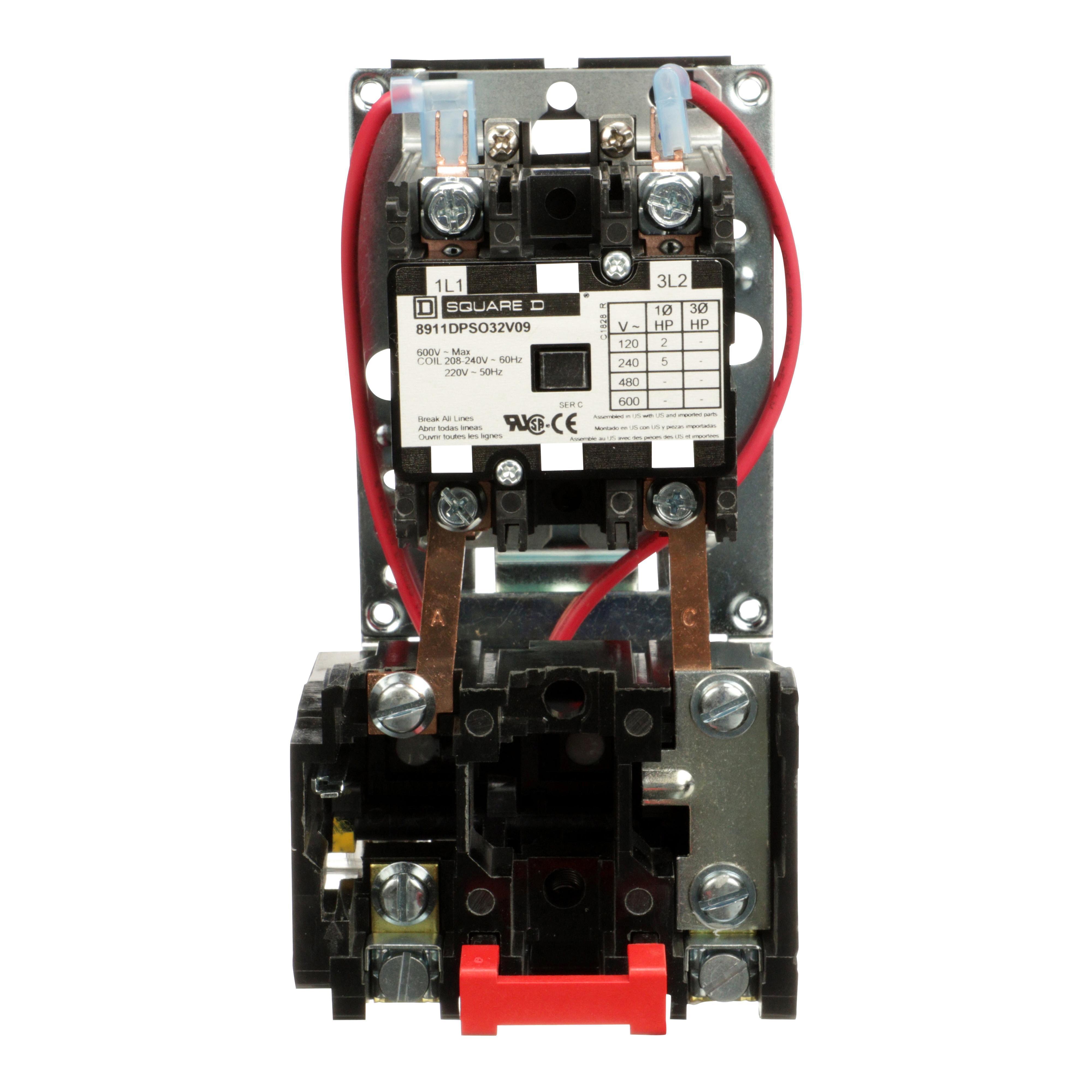 Square D™ 8911DPSO32V09 Type DPS Definite Purpose Starter, 208/220/240 VAC V Coil, Non-Reversing Action, 2 Poles, Open Enclosure