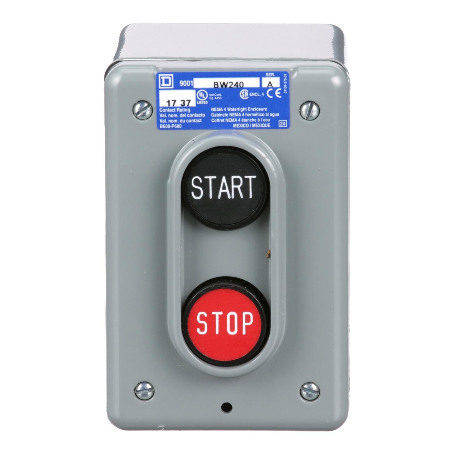 Square D™ Harmony™ 9001BW240 Type BW Complete Push Button Control Station, 600 V AC, 5 A, 1NO-1NC Contact, 2 Operators, NEMA 4 Rating