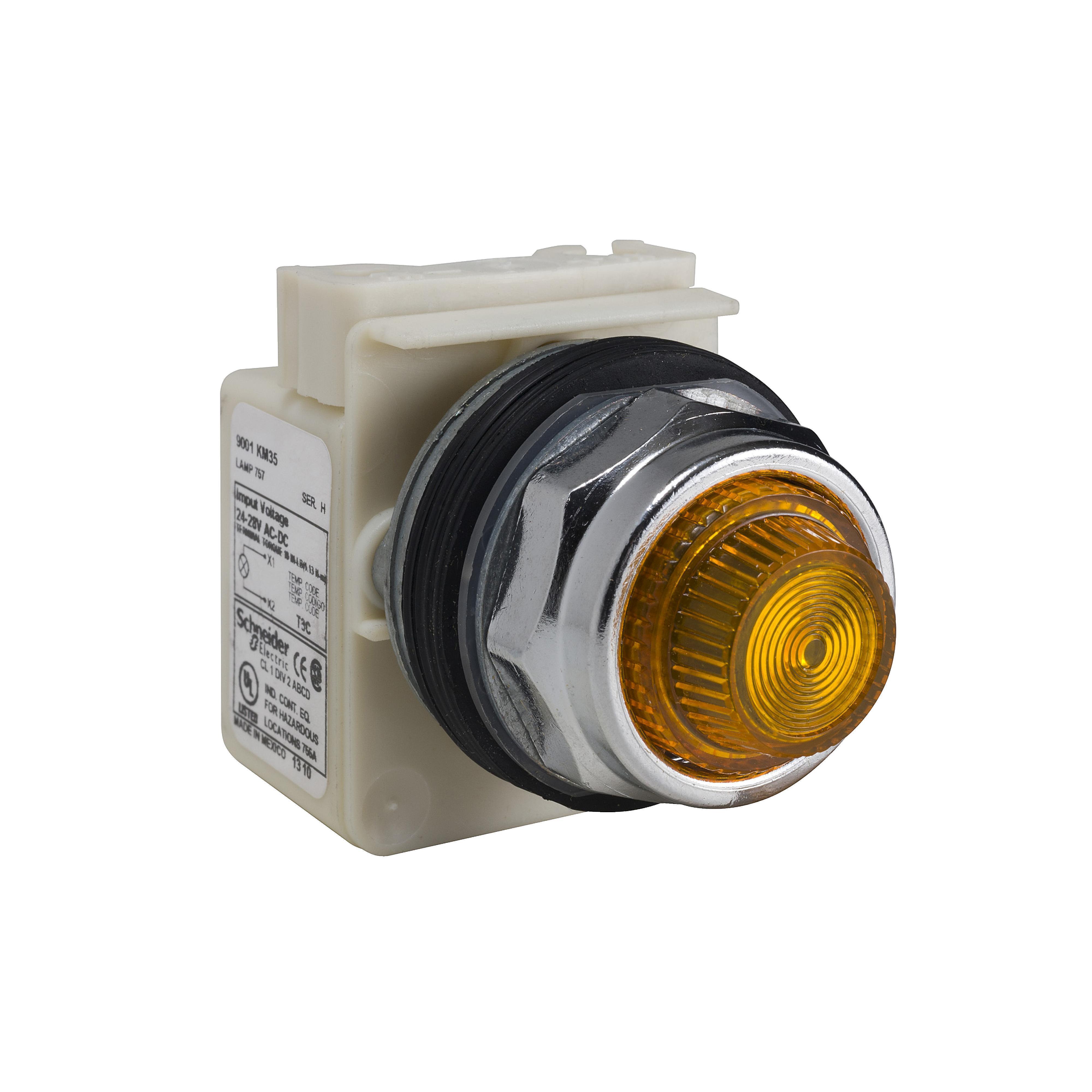 Square D™ Harmony™ 9001KP35A31 Type K Full Voltage Pilot Light, 24 to 28 V AC/DC, Fresnel Glass Lens, Panel Mount