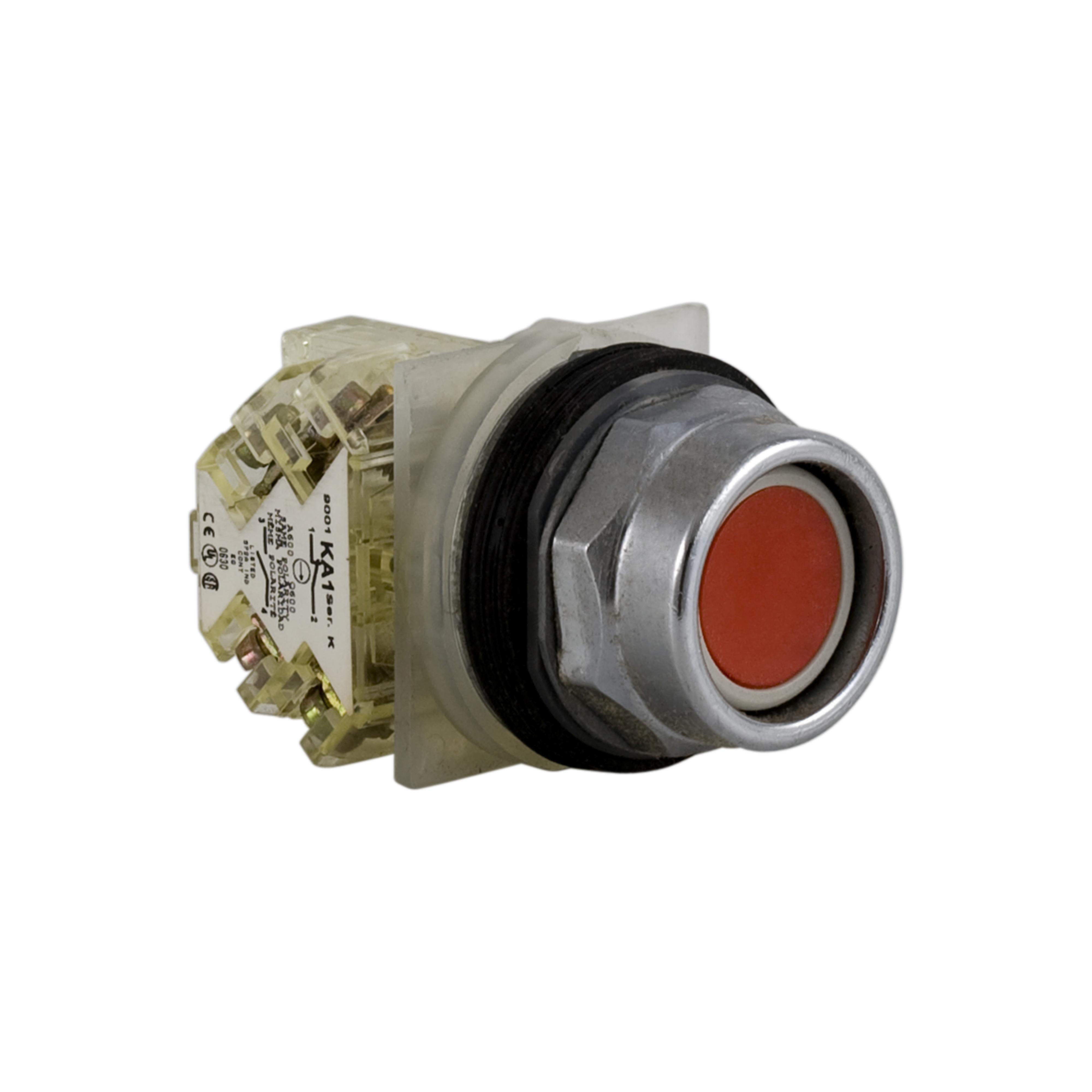 Schneider Electric Harmony 9001KR2RH13 Type K Heavy Duty Dusttight/Oiltight/Watertight Mechanically Interlocked Standard Non-Illuminated Pushbutton With Extended Guard, 30 mm, 1CO Contact, Slow Break Contact, Red