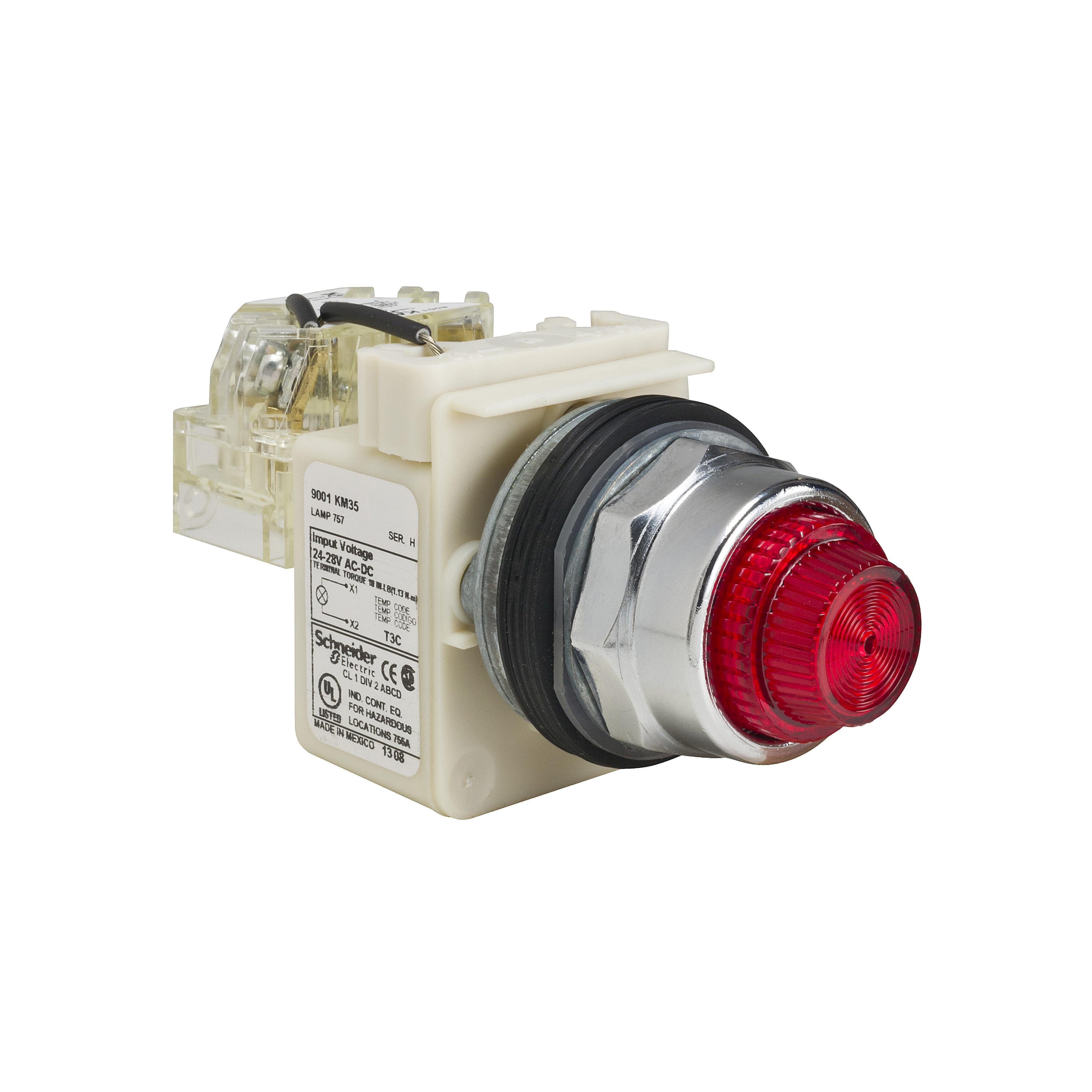Square D™ Harmony™ 9001KT35R31 Type K Full Voltage Pilot Light, 24 V AC/28 V DC, Fresnel Glass Lens, Panel Mount