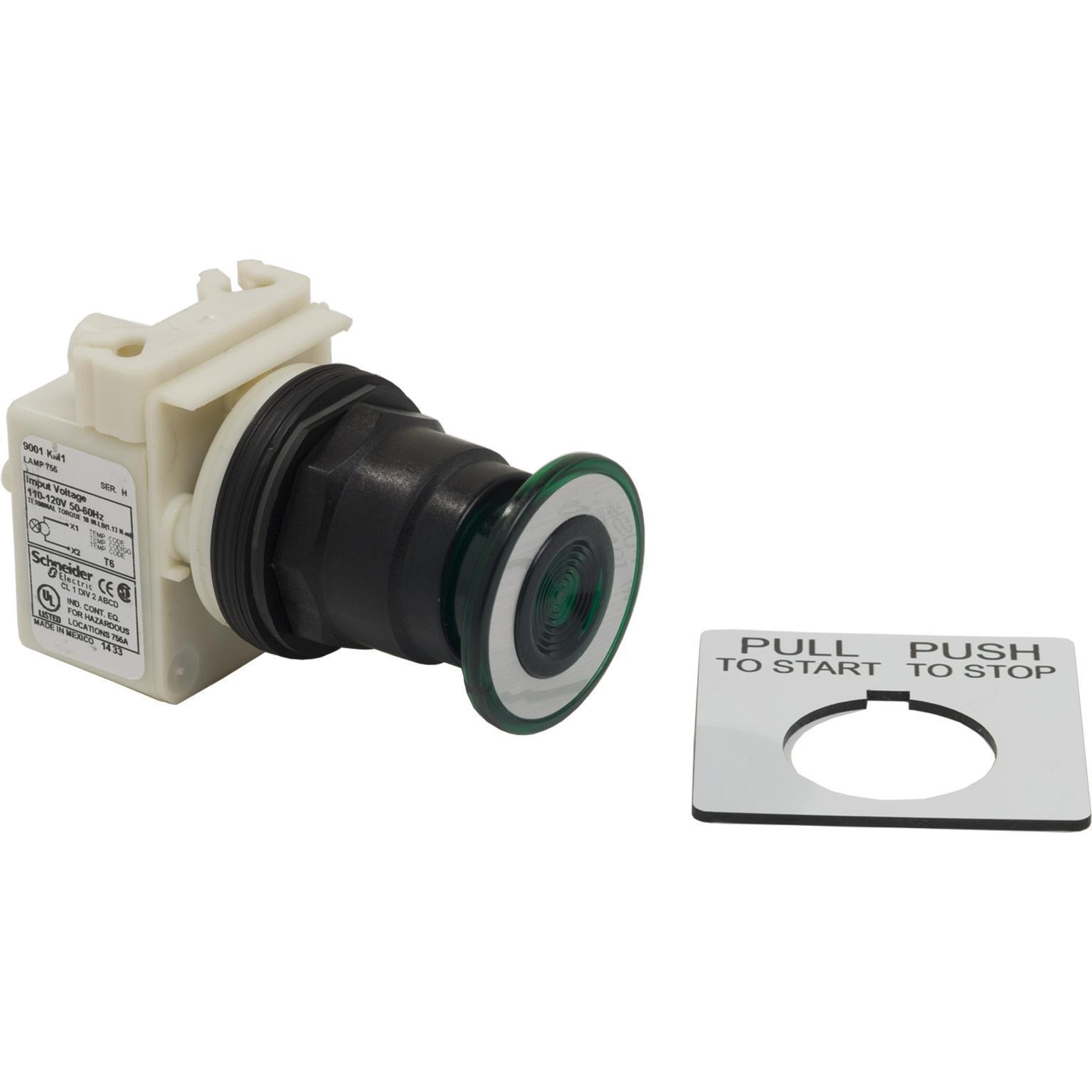Square D™ Harmony™ 9001SKR9P1G 2-Position Type SK Corrosion-Resistant Dusttight/Oiltight/Watertight Heavy Duty Transformer Illuminated Push Pull Operator, 30 mm, SPDT Contact, Mushroom Head Operator, Maintained Contact, Green