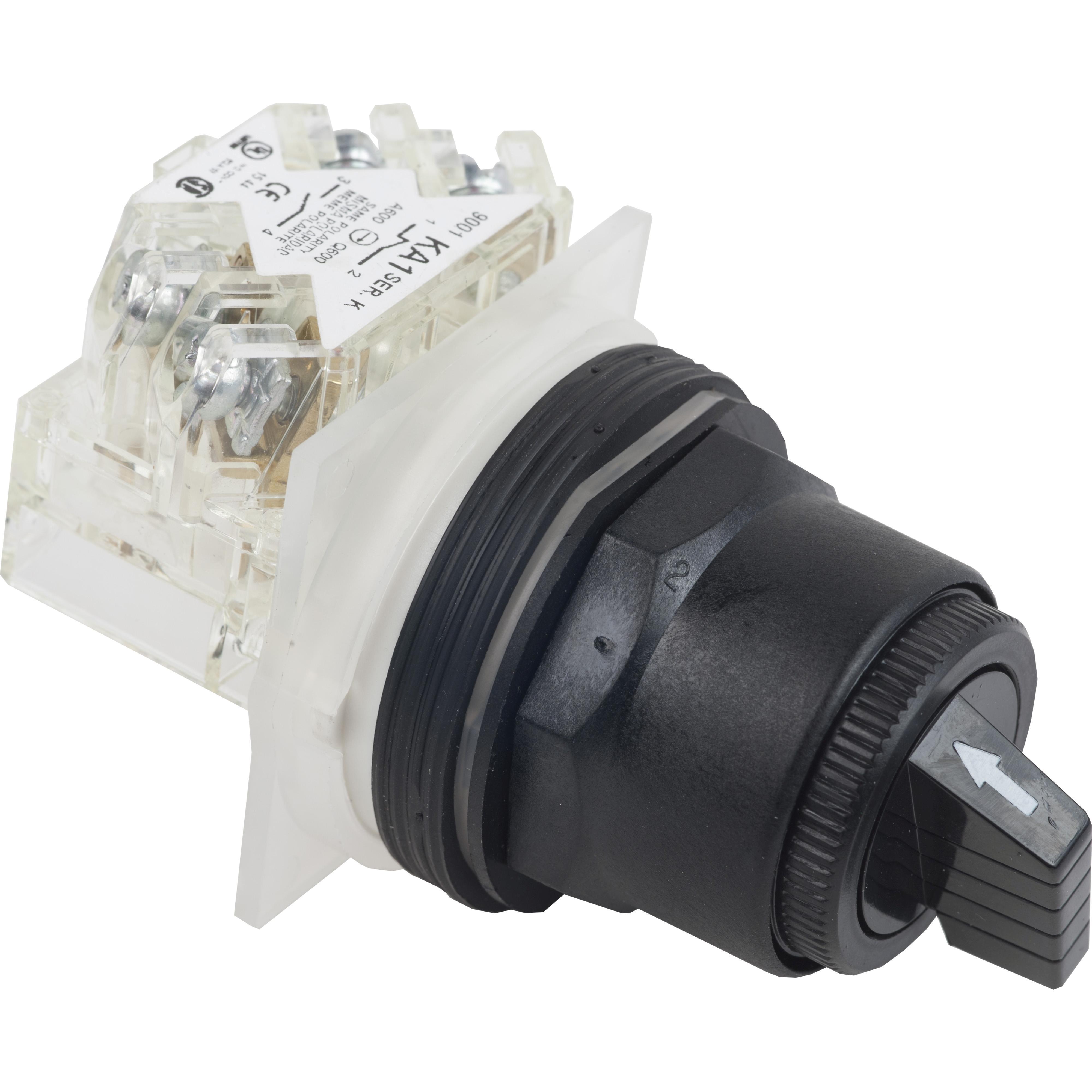 Schneider Electric Harmony 9001SKS43BH1 Type SK Corrosion-Resistant Dusttight/Oiltight/Watertight Heavy Duty Round Non-Illuminated Selector Switch, 30 mm, 1NO-1NC Contact, Slow Break Contact, Knob Operator, Black